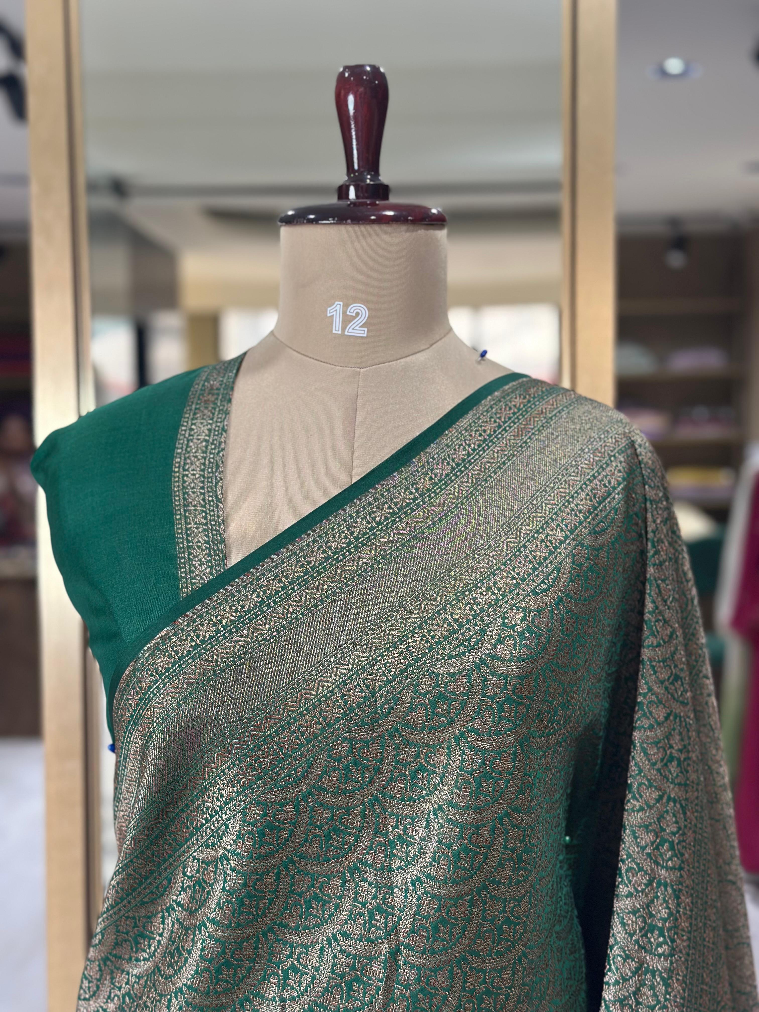 green Exquisite Benarasi Brocade Saree – Timeless Designer Ethnic Wear,brocade crepe benarasi-09 - Image 3