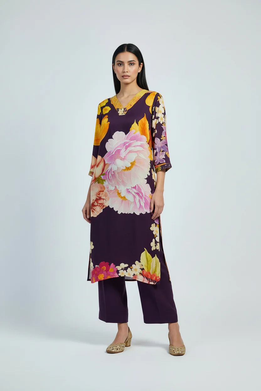 Dark Purple Satin Crepe Kalamkari Print 1pc Kurtha 936