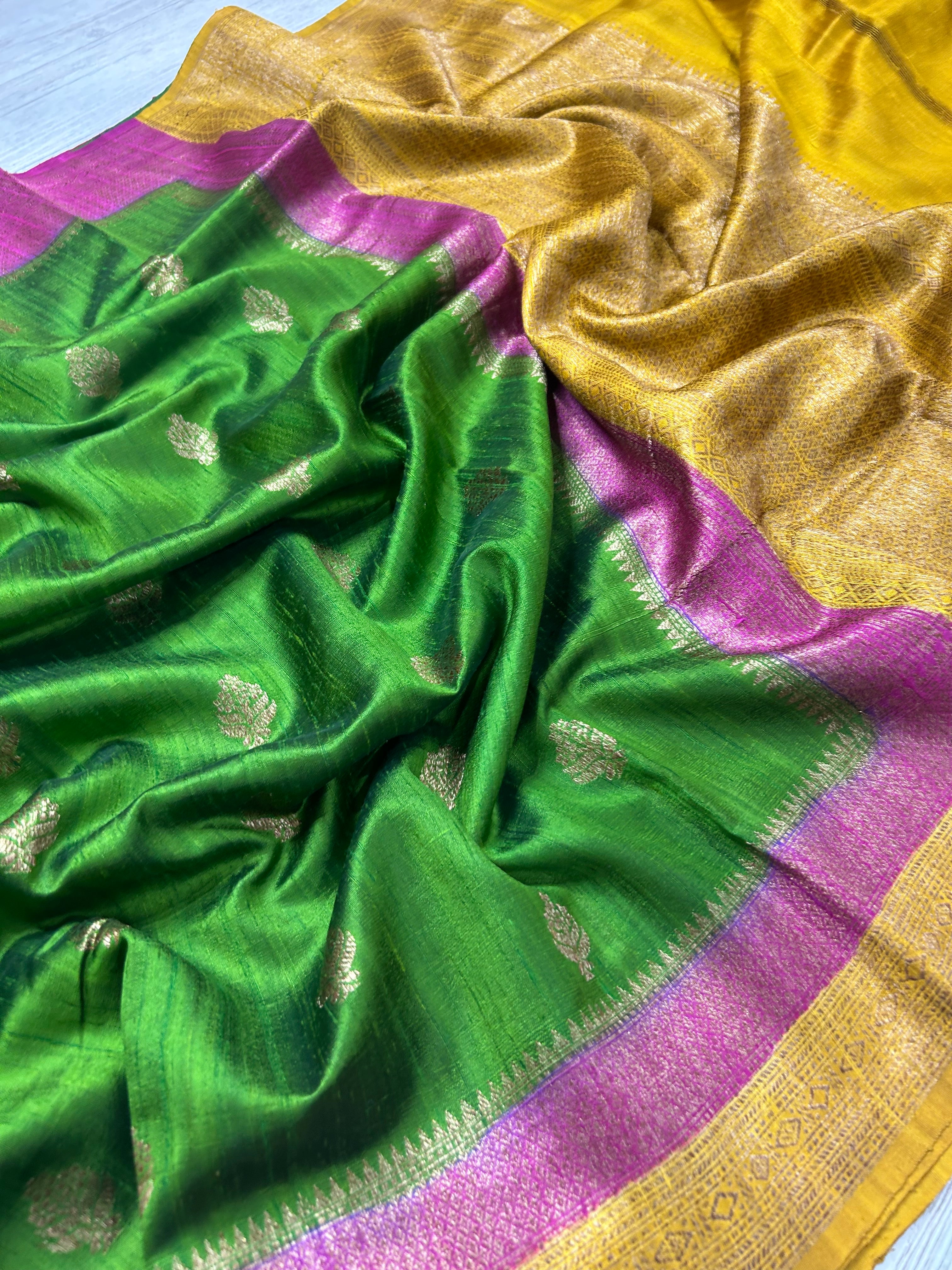 Green-3 small butta pure tussar crepe 104 silk saree - Image 4