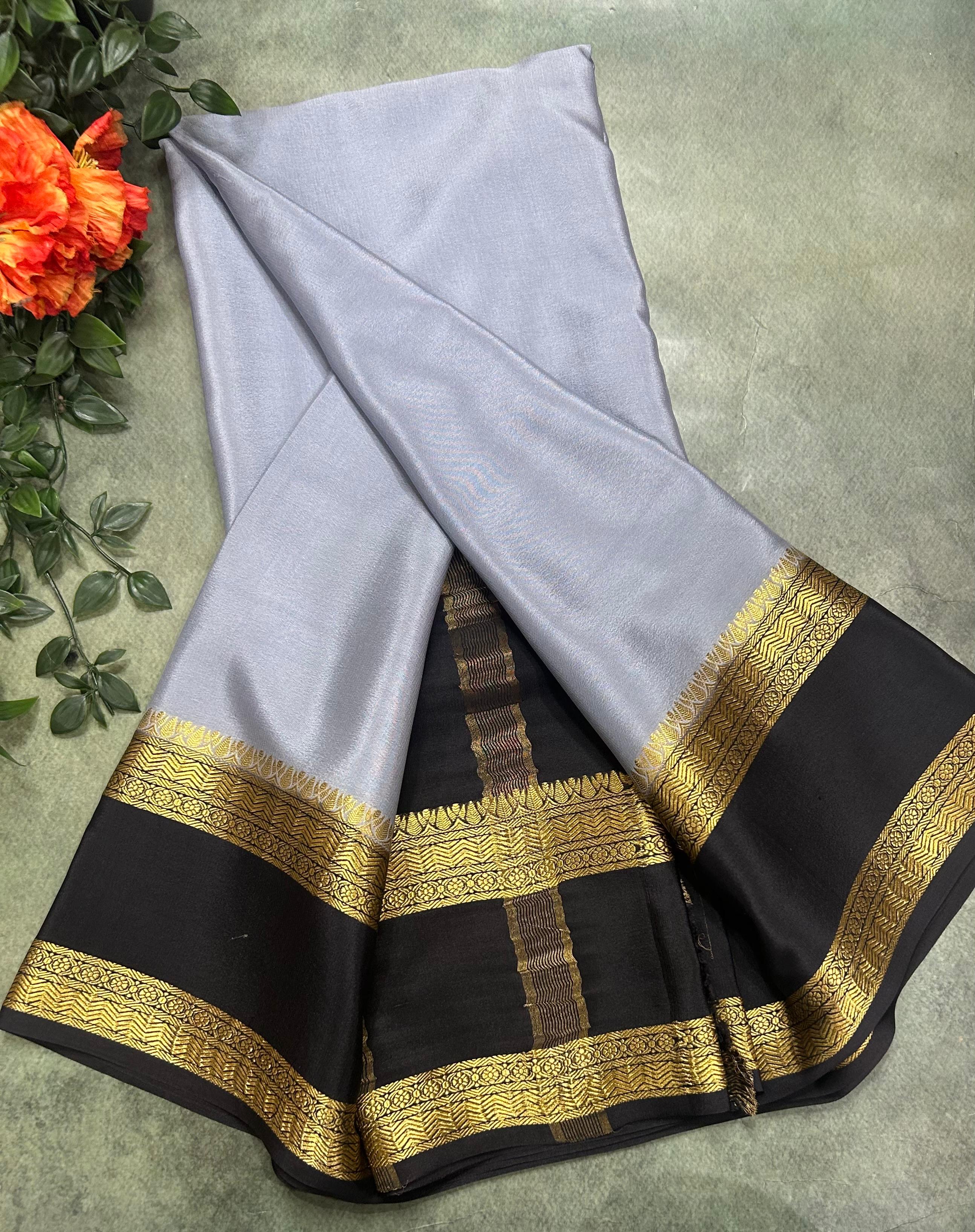 Grey bentex border pure Mysore silk 104 saree - Image 2