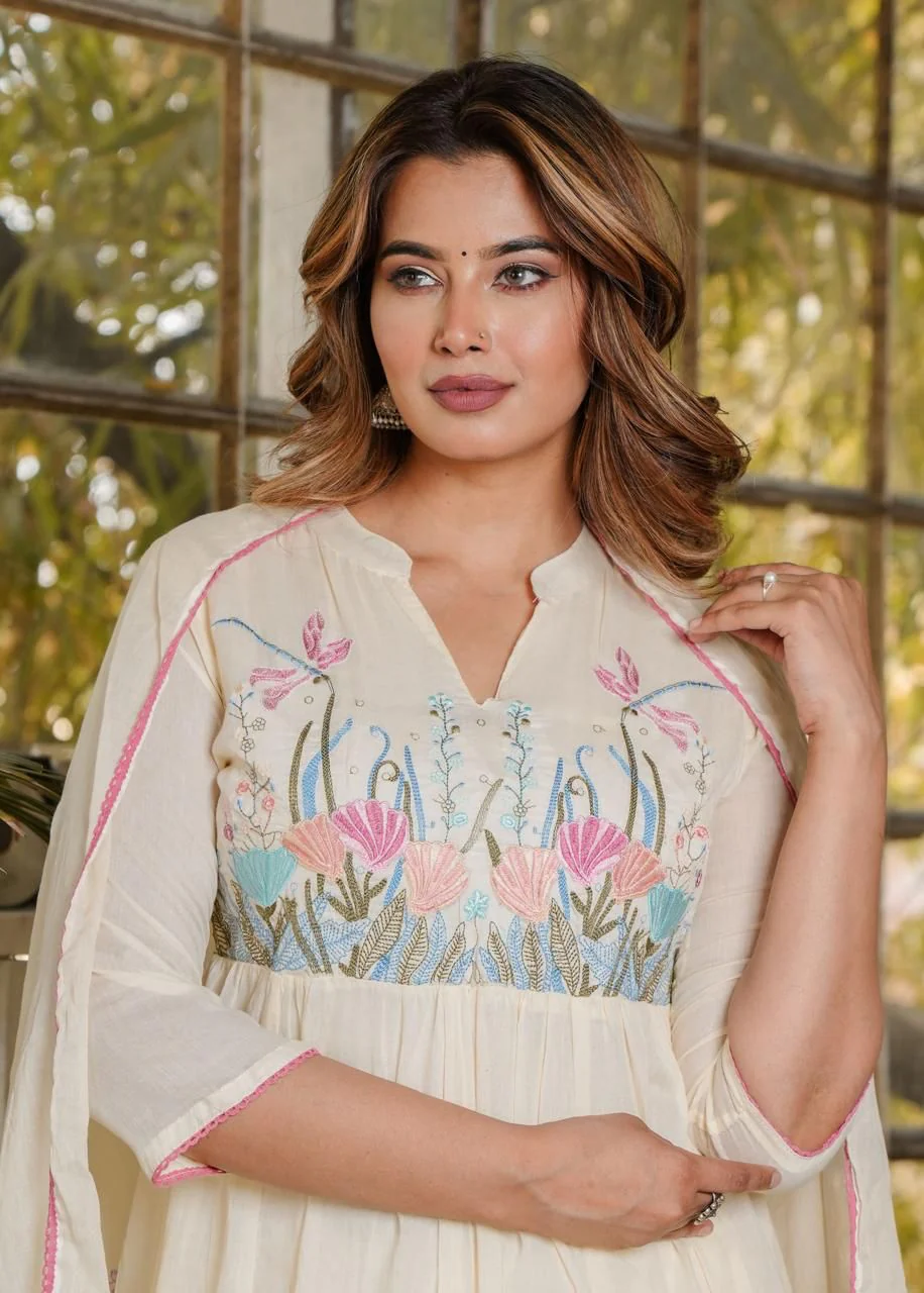 “Jhoda” cream Mul cotton with hand work Anarkali Kurtha suit with dupatta - Image 3