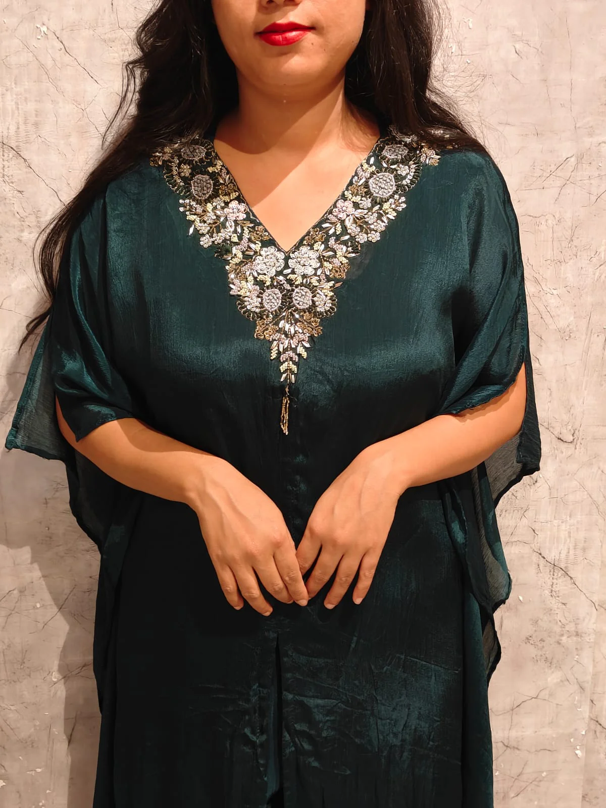 “Kafthan"Bottle Green Kafthan handwork party ware Kurtha set - Image 3