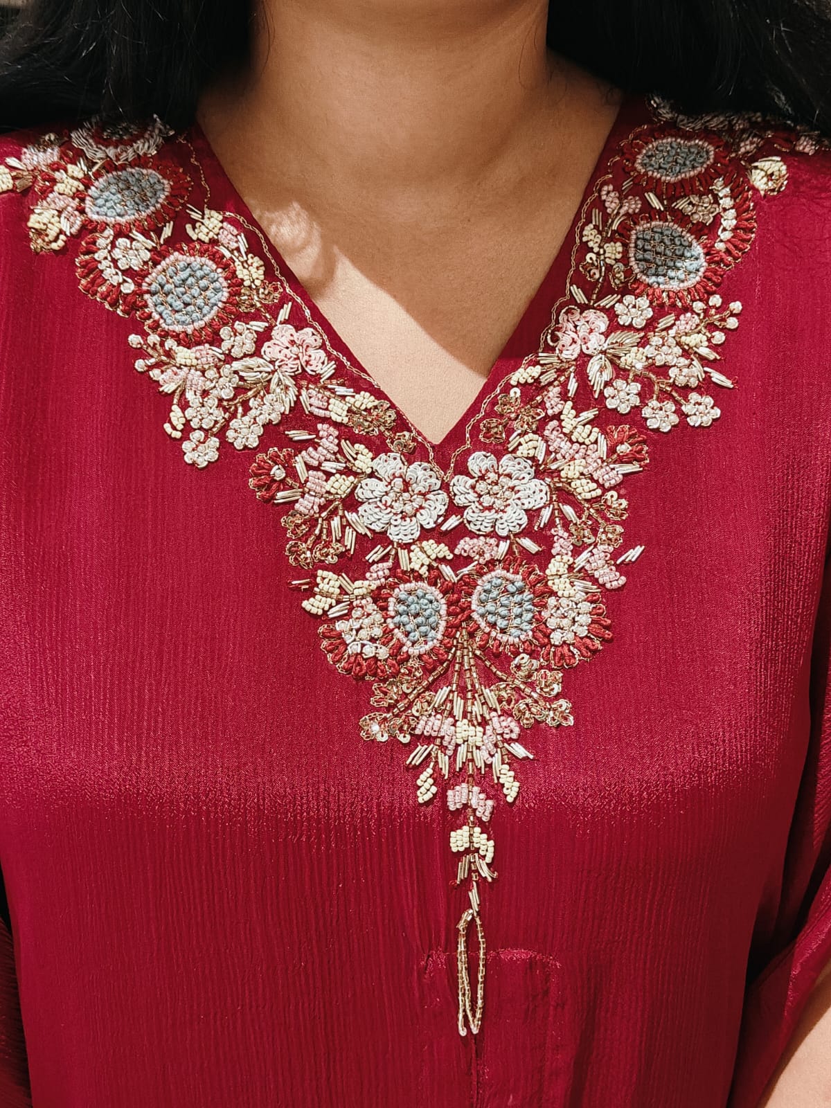 “Kafthan"  Cheery Red handwork partyware Kafthan Kurtha set - Image 4