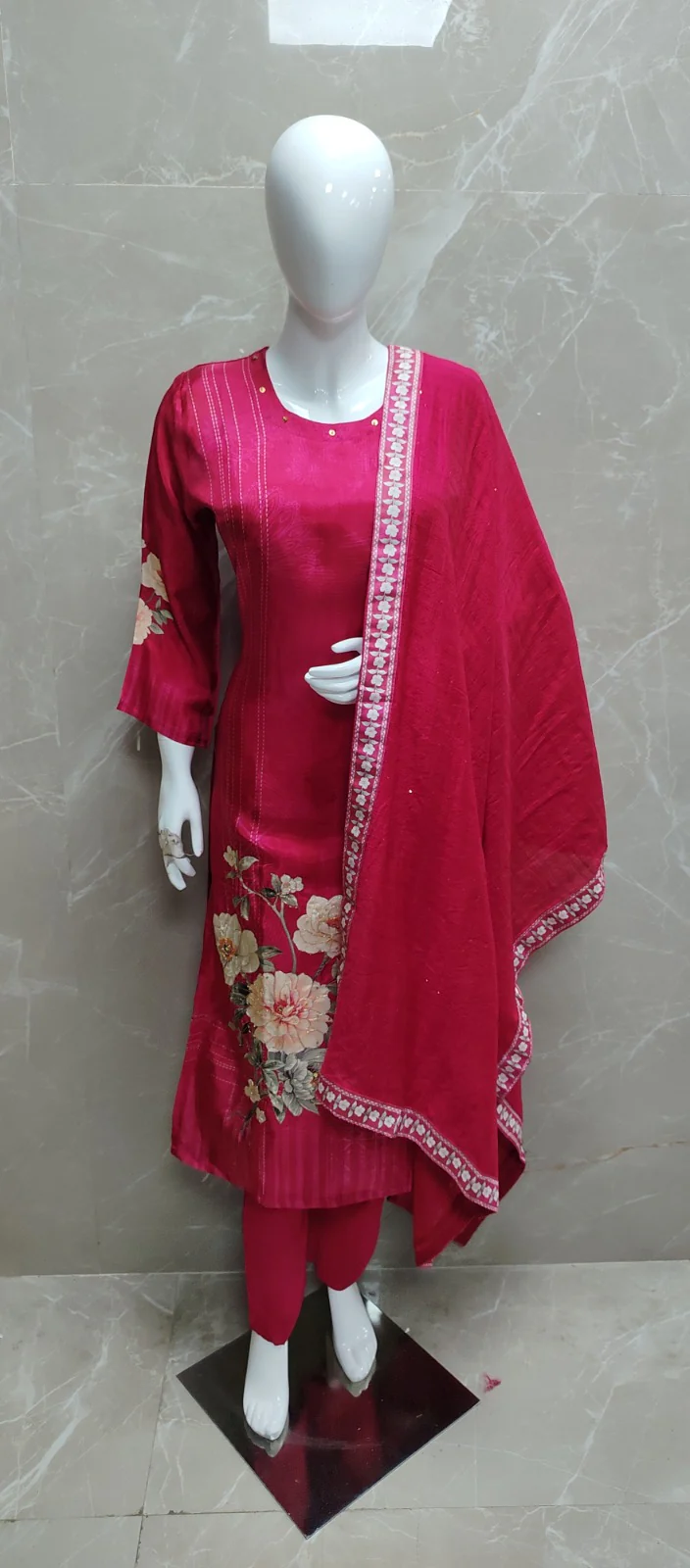Pink muslin floral embroidery Straight fir Kurtha - Image 2