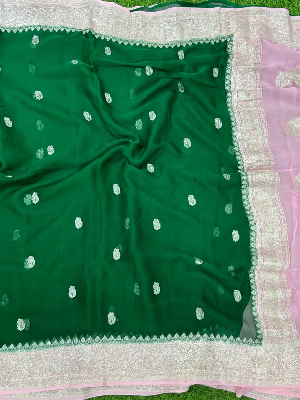 Bottle green n baby pink benaras pure khadi chiffon saree - Image 3
