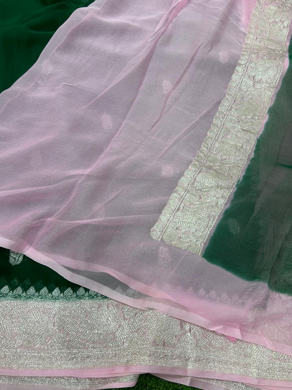 Bottle green n baby pink benaras pure khadi chiffon saree - Image 4