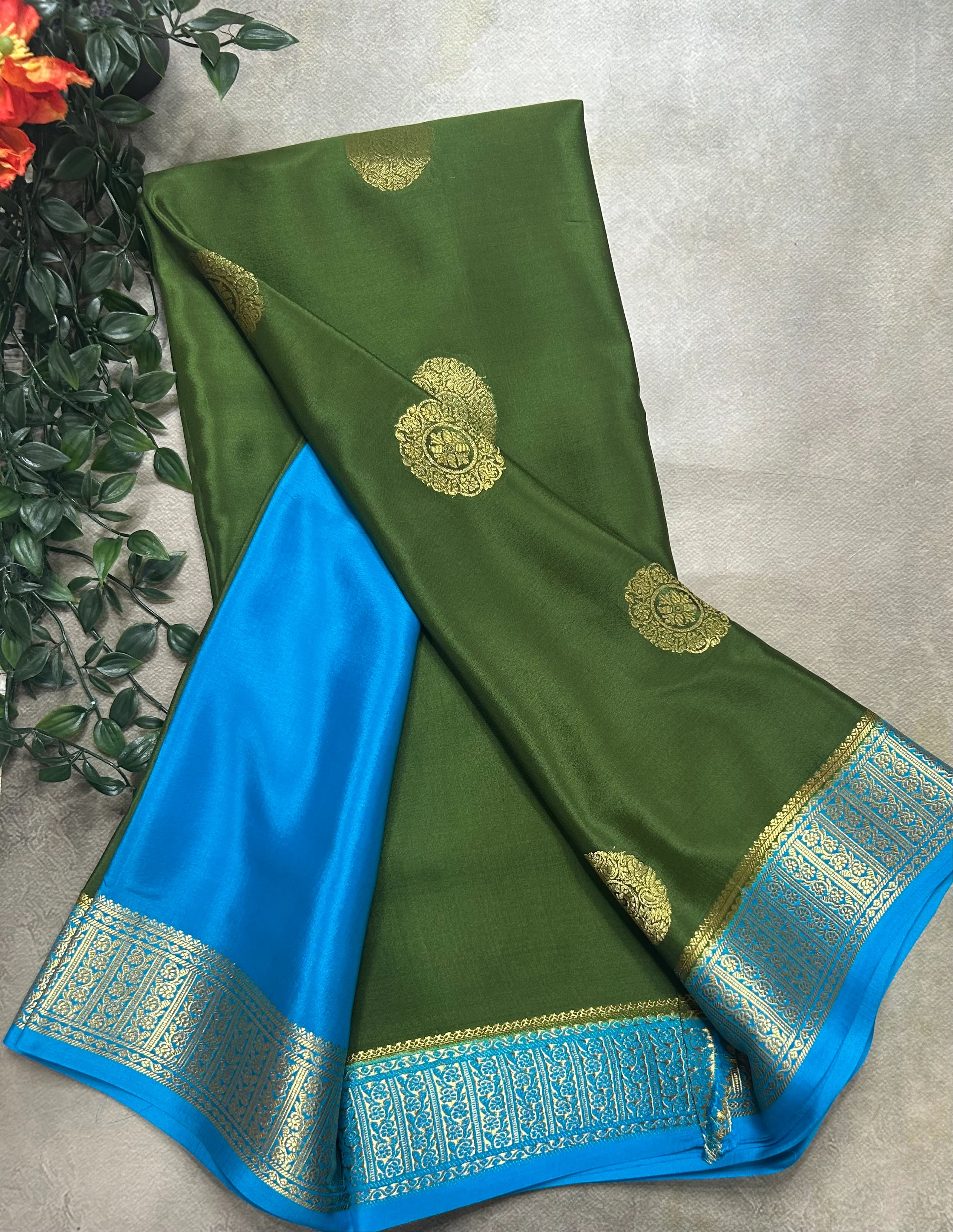Leaf green n blue big Butta pure Mysore silk-104 saree - Image 3