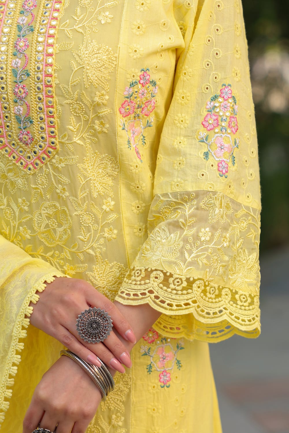 Lemon Yellow Cotton designer Hakoba chicken curry   Work Straight Fit Kurtha 459 - Image 3