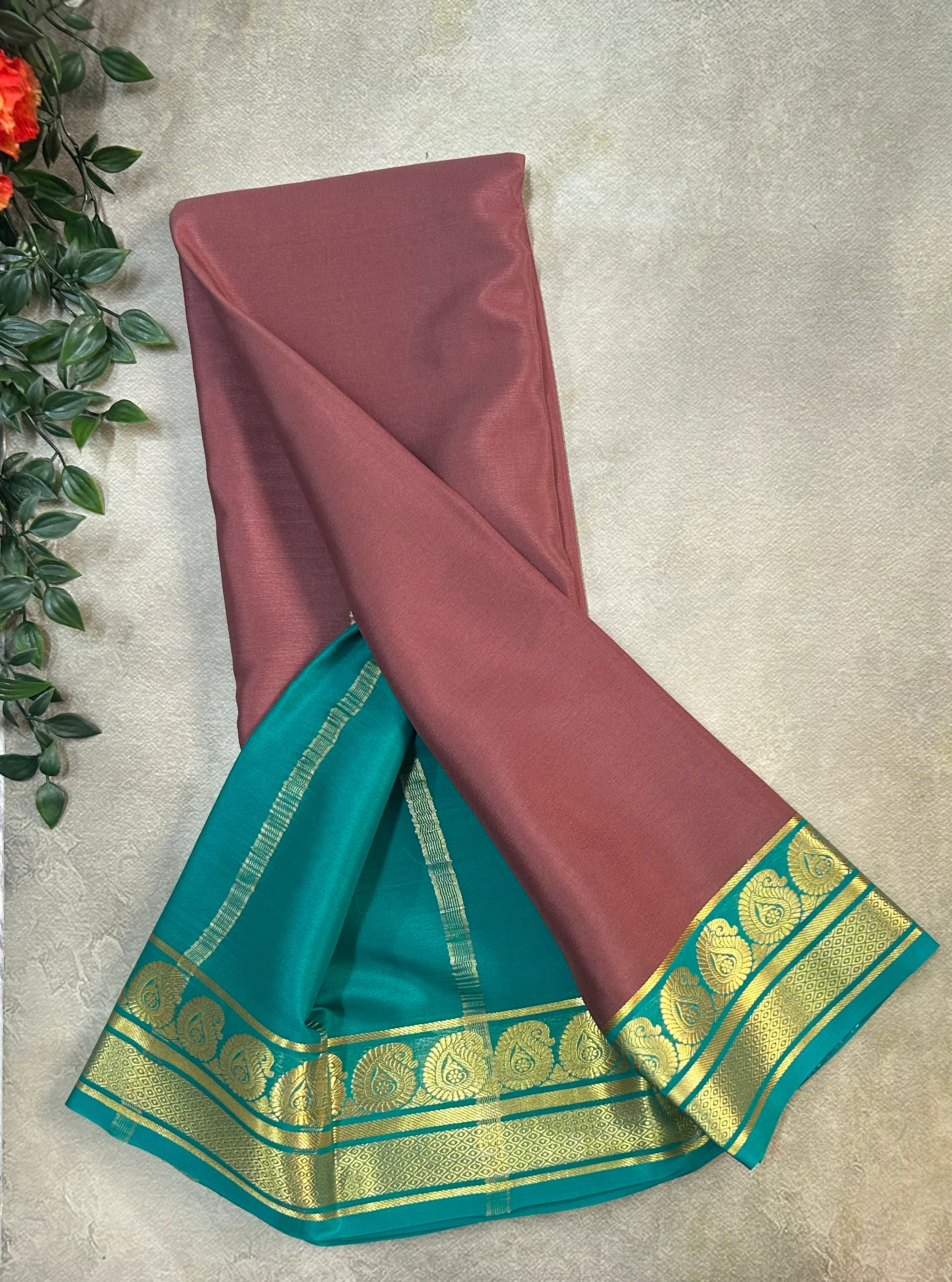Light brown n Rama green pure Mysore silk saree - Image 2