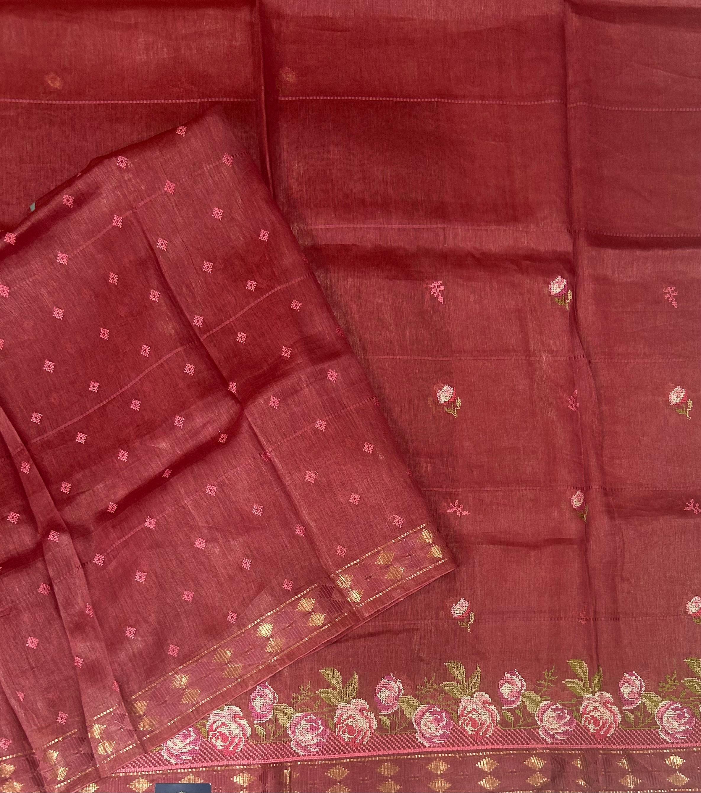 Reddish pure linen tussar-101 saree - Image 3