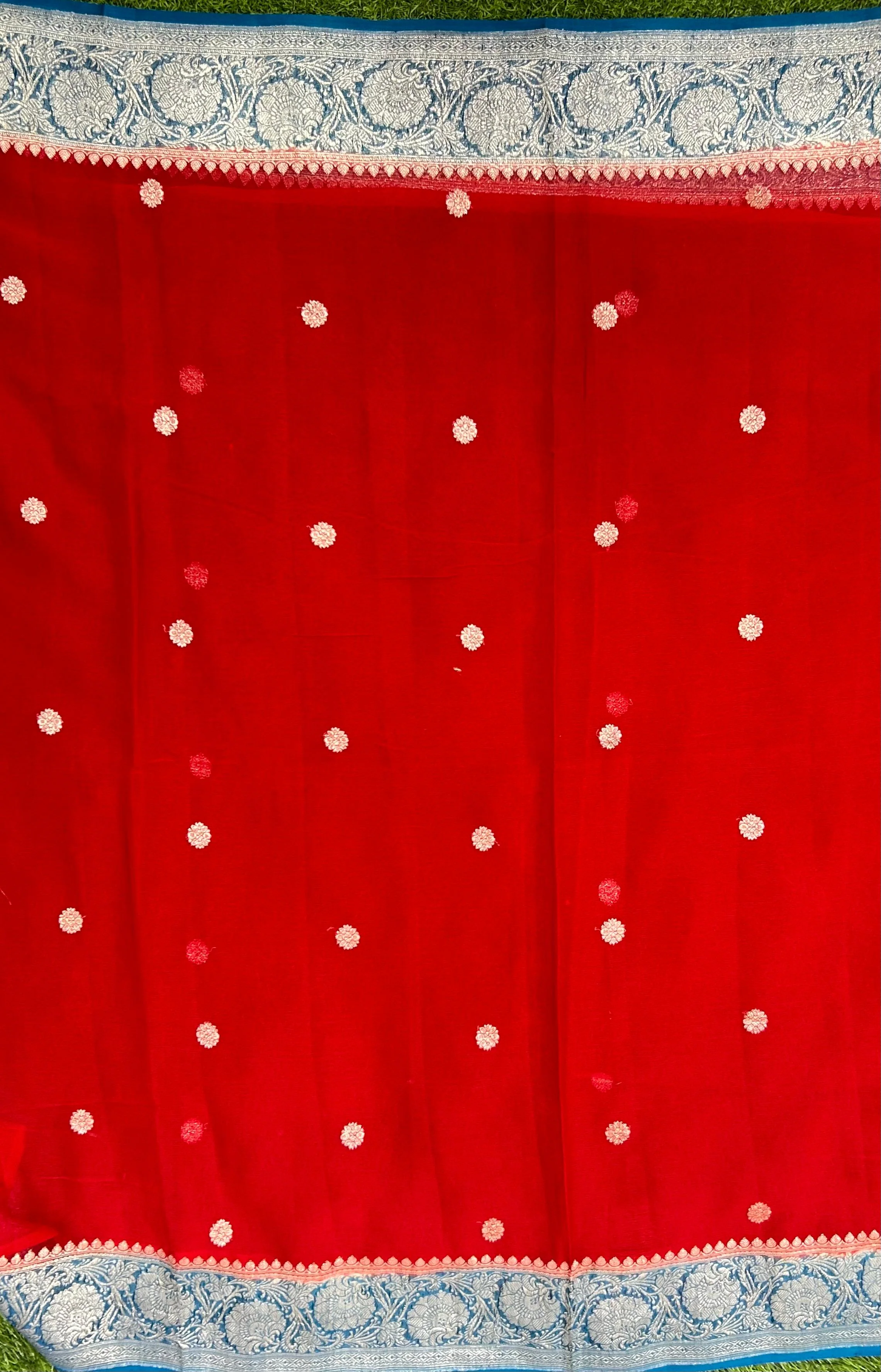 Red benaras pure khadi chiffon saree - Image 4