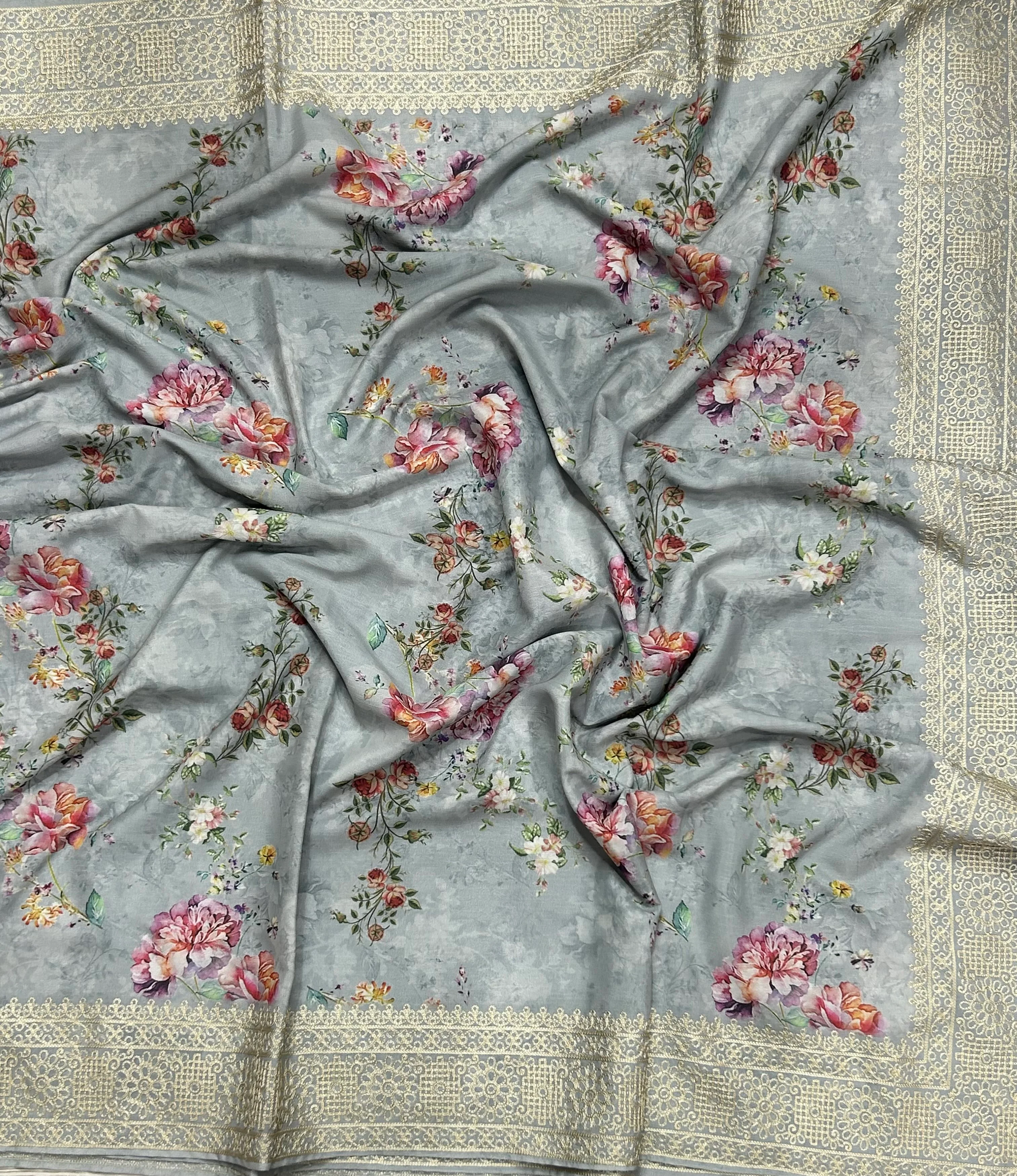 Light grey digital printed border 104 chinnon saree - Image 2