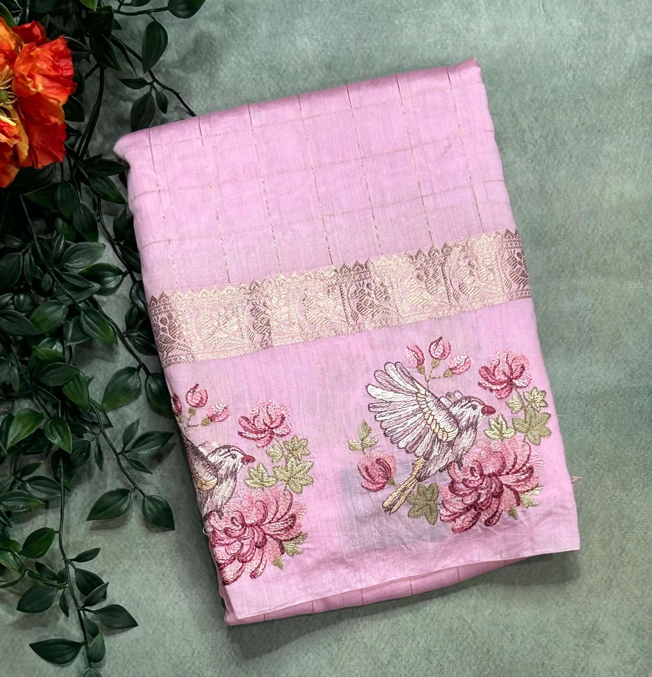 Light pink checks embrodiery soft tussar crepe 104 saree