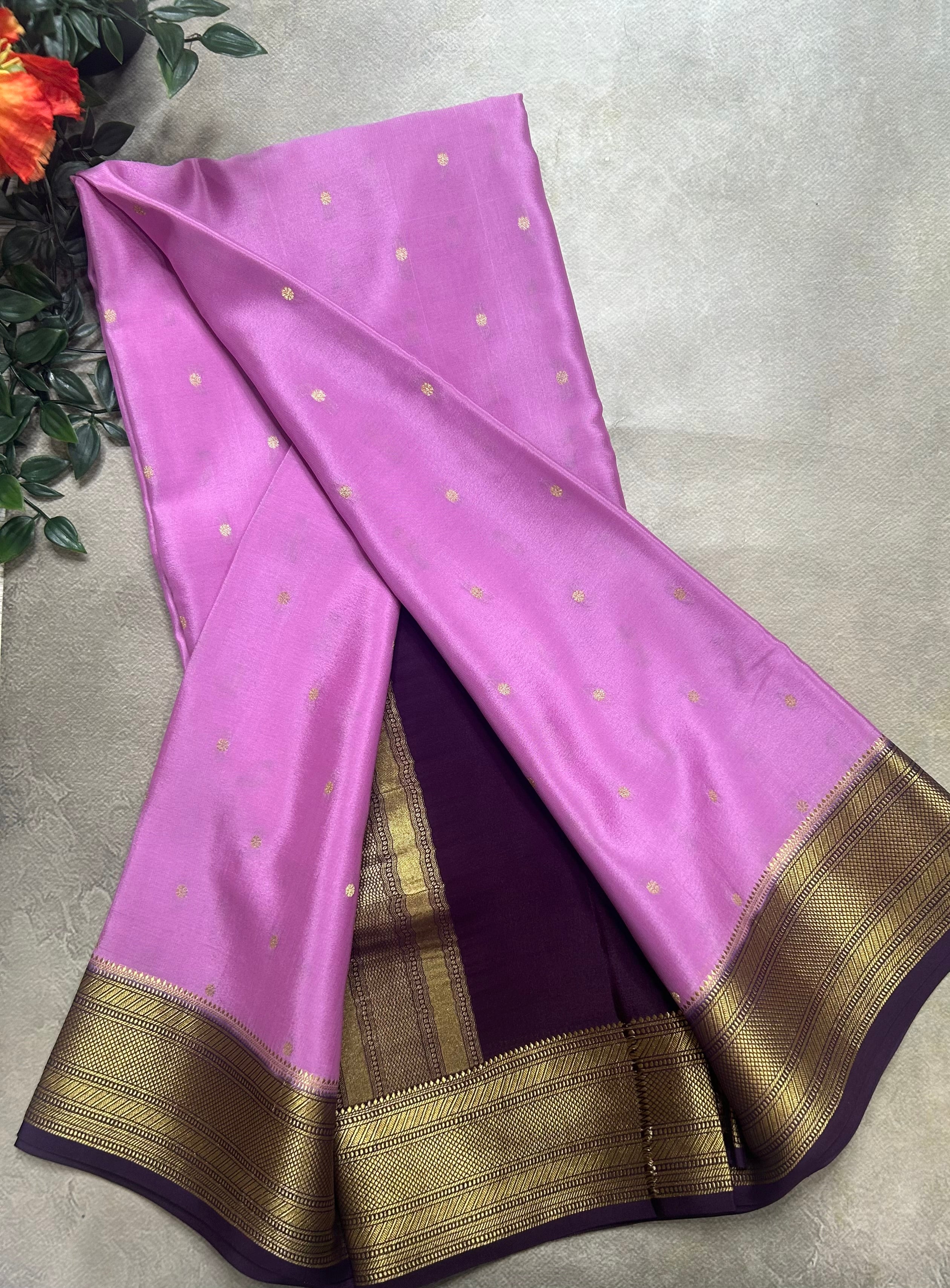Light pink n dark wine small border pure Mysore silk-104 saree - Image 2