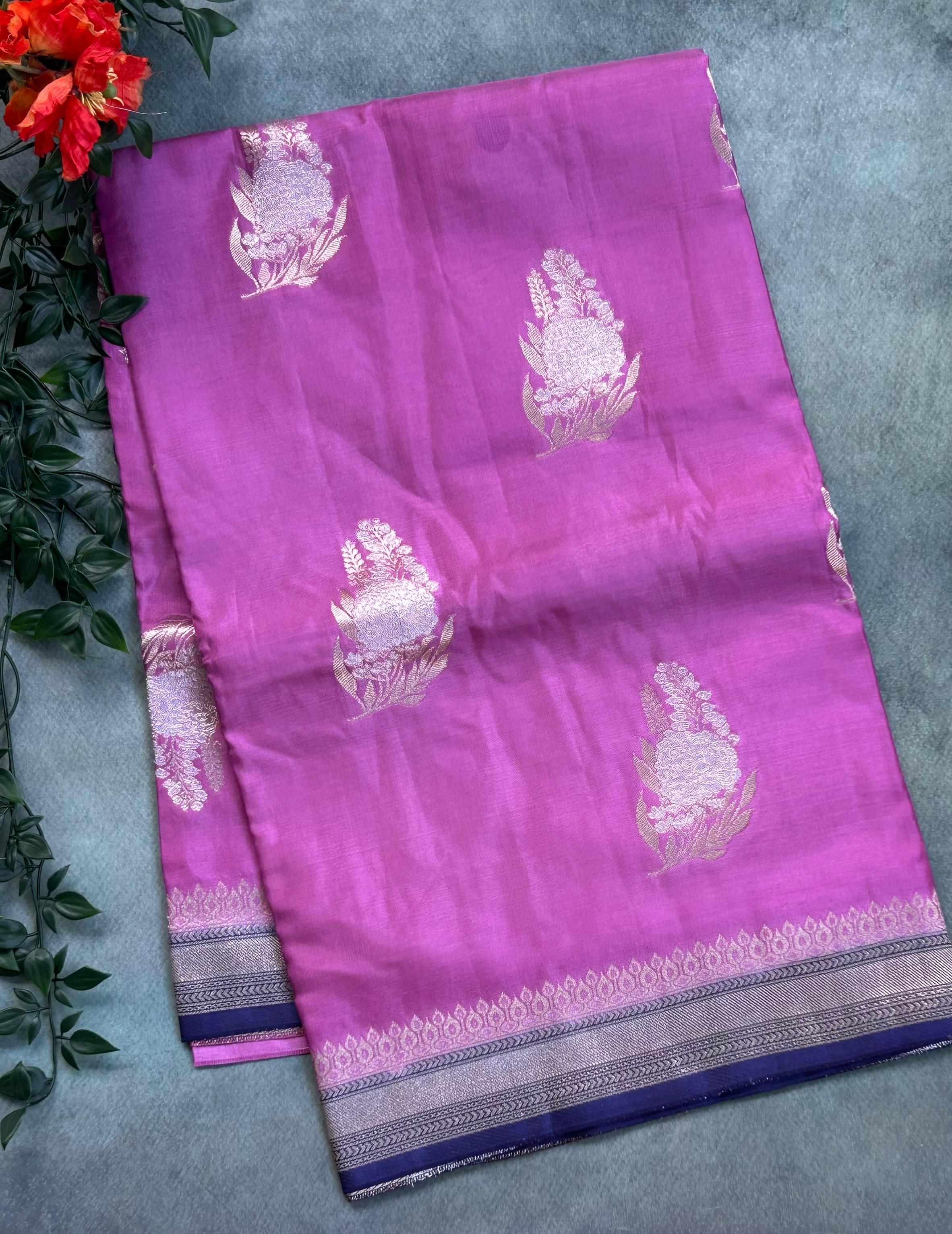 Light purrple small Butta Saree with big Border – Designer Ethnic Wear,dola silk-10