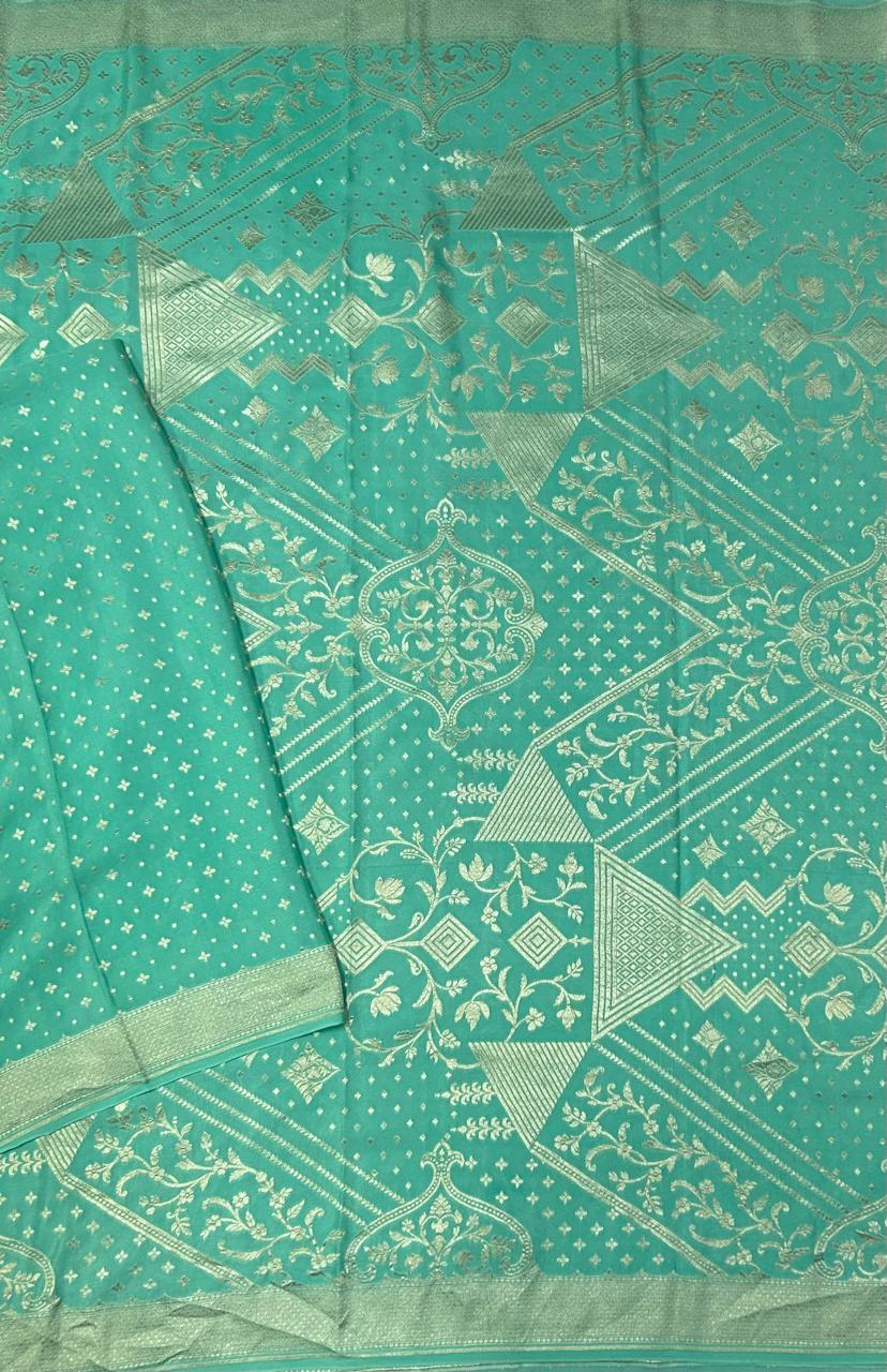 Light rama green pure silver benarasi 103 crepe silk saree - Image 3