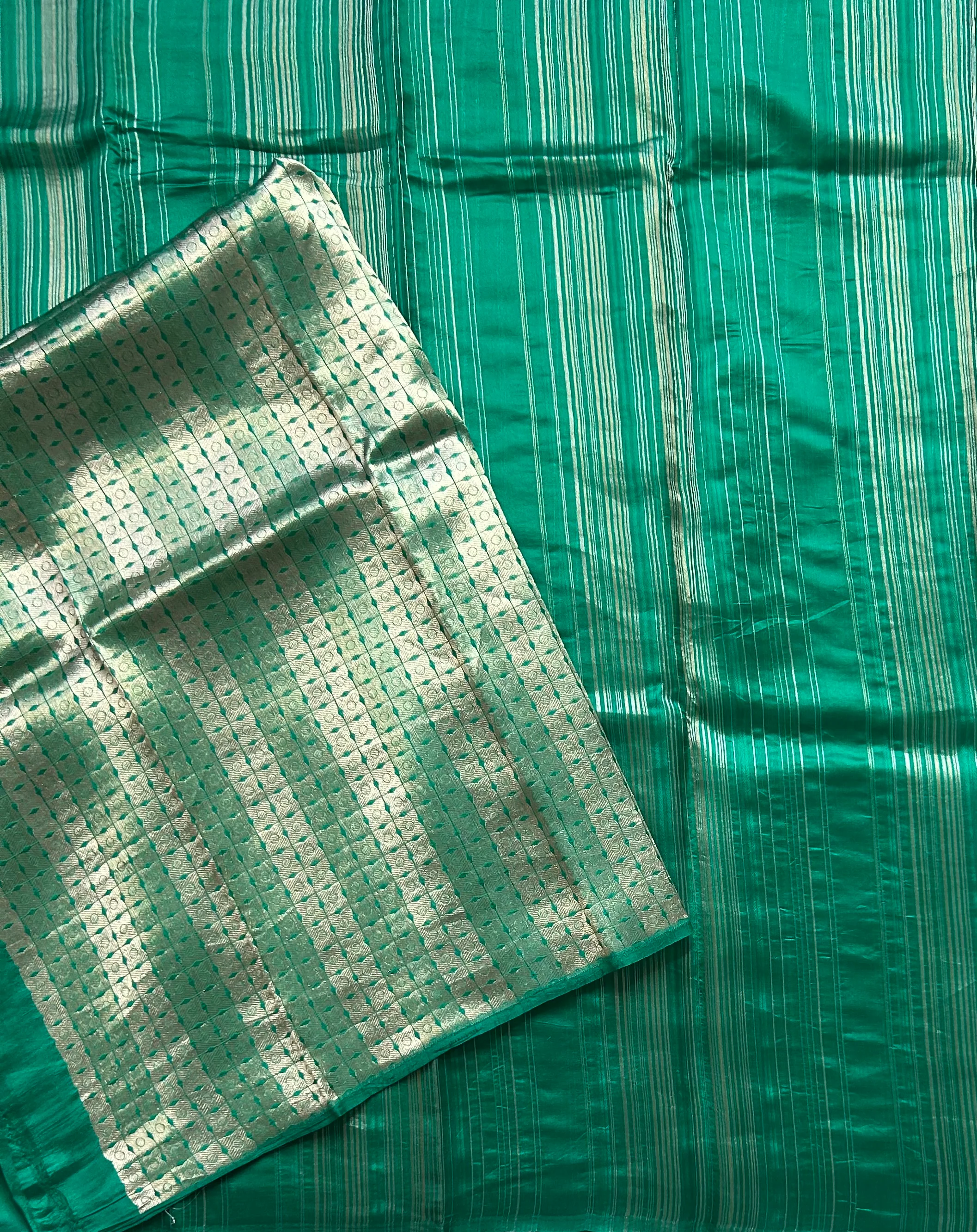 Light Rama green stripes pure organza tissue 103 saree - Image 3