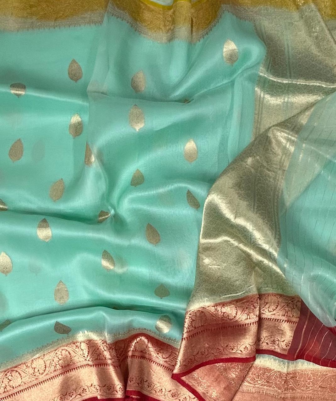 Light sea green pure kora 12 organza silk saree - Image 2