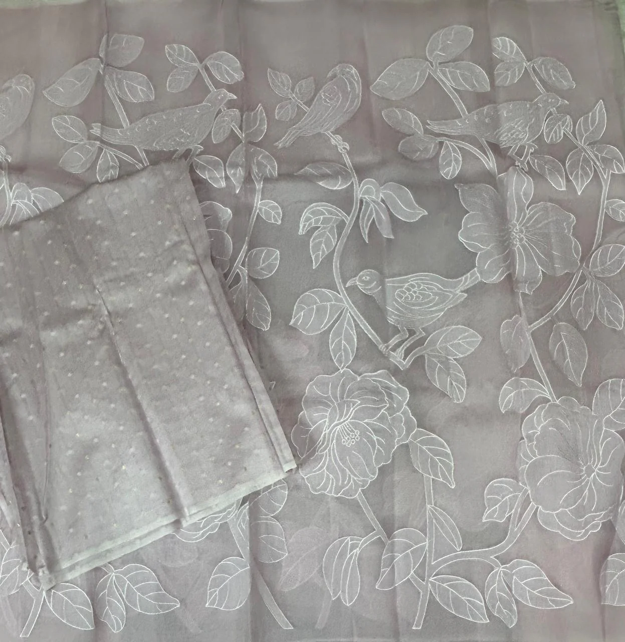 Lilac aplique work pure organza 102 saree - Image 2