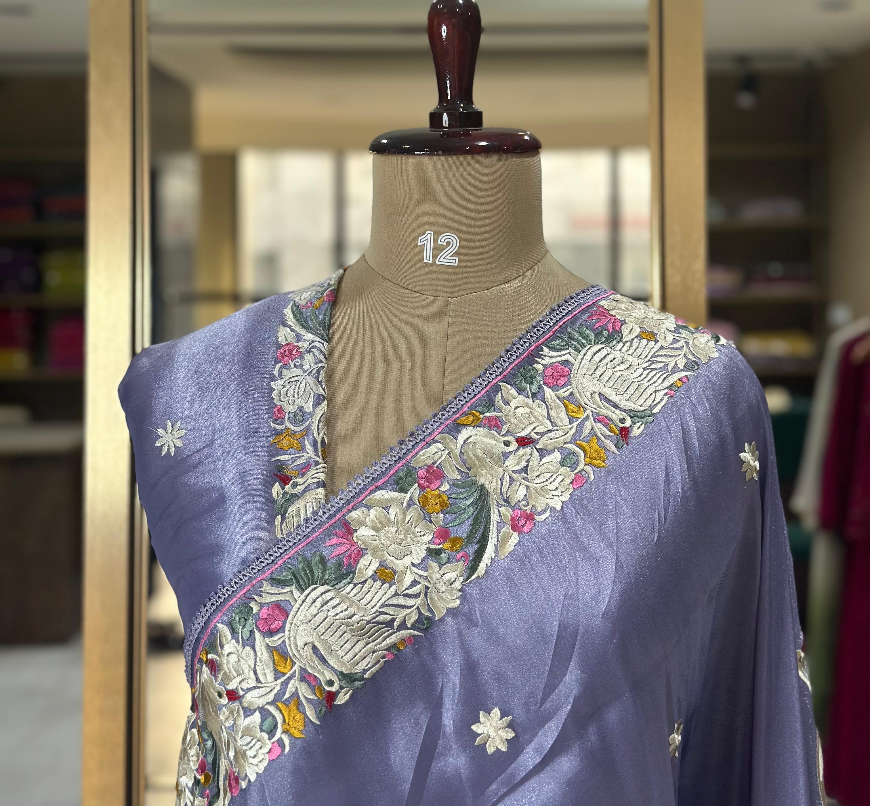 Lilac Elegant Organza Tissue Parsi Work Saree – Designer Ethnic Wear,Parsi organza tissue-09 - Image 3