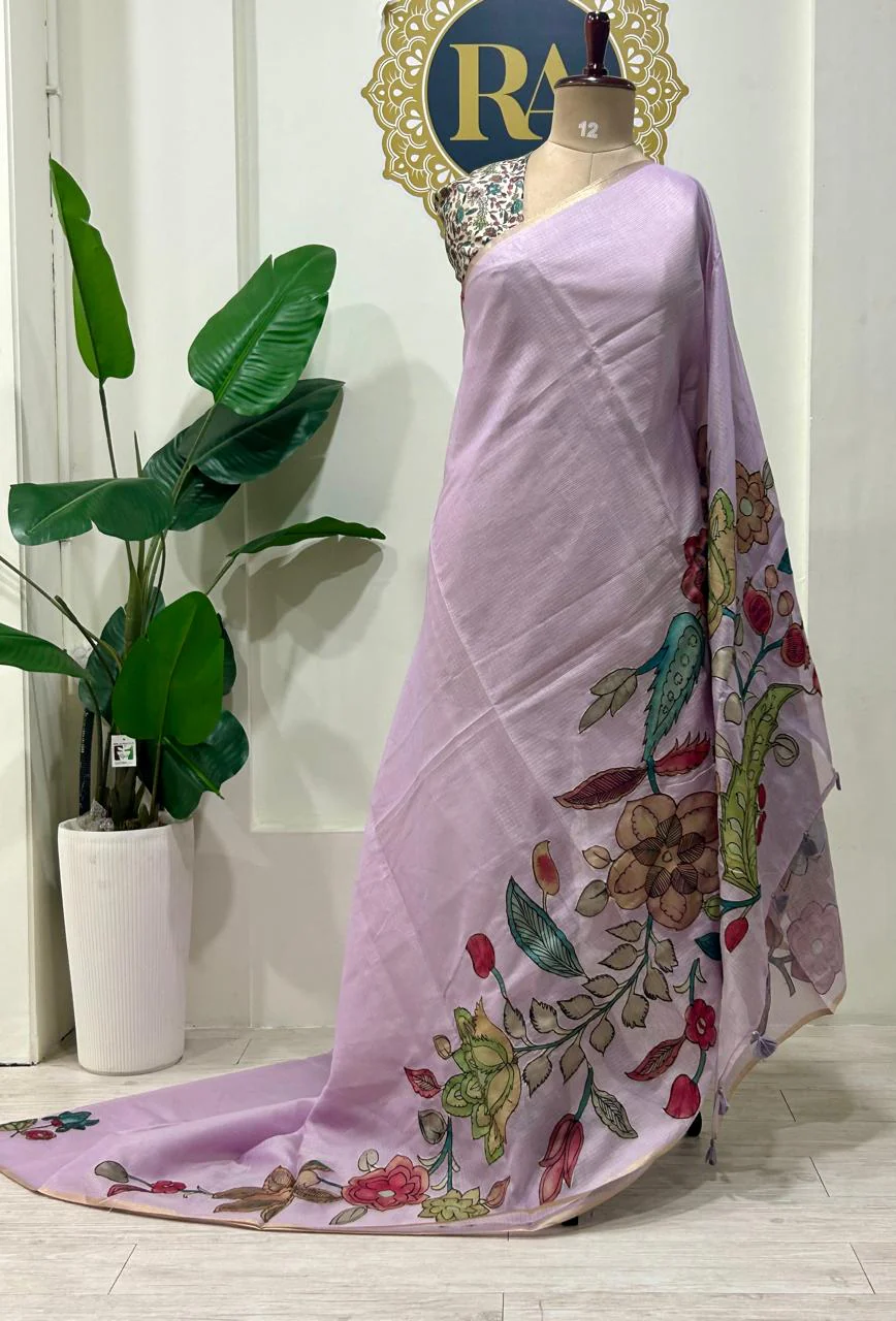 Lilac kota checks kalamkari saree - Image 2