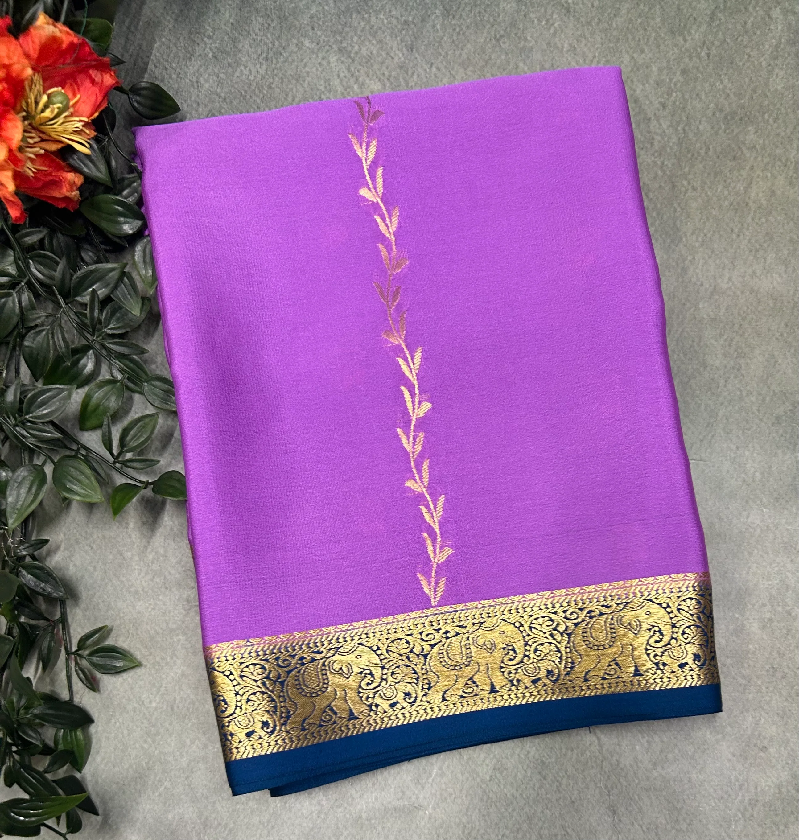 Lilac n dark Rama green  partly pallu  Pure Mysore silk 103 crepe saree
