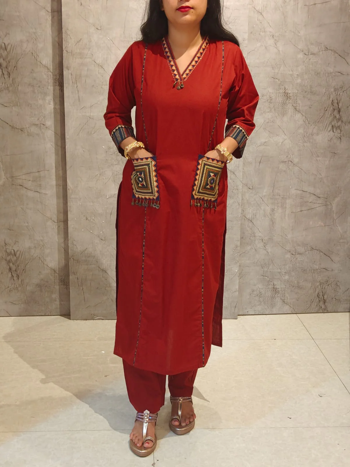 Maroon Cotton Thread Emboridery Straight Fit Kurtha - Image 3