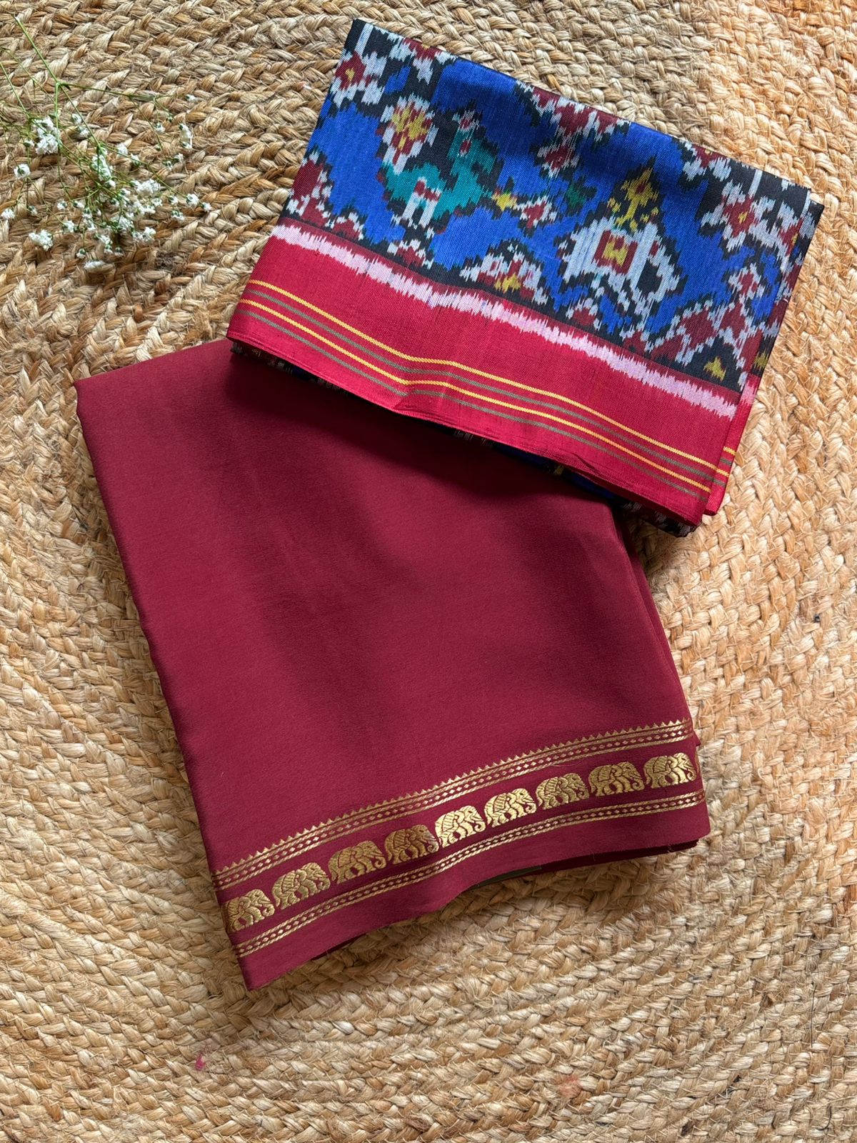 Maroon small border pure zari mysore saree 104 silk with pure patola blouse piece