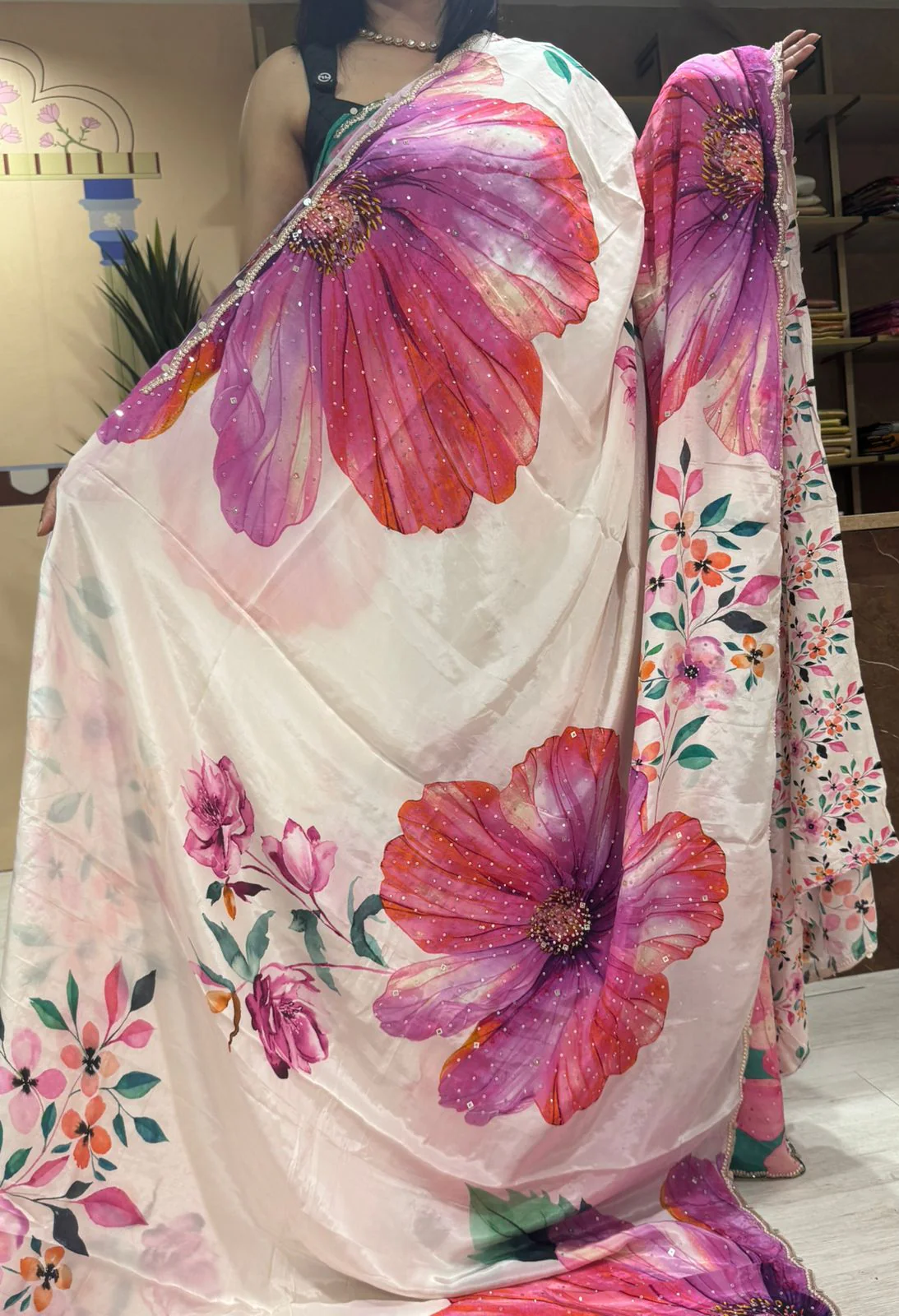 Cream  digital printed crepe 101 party wear saree - Image 2