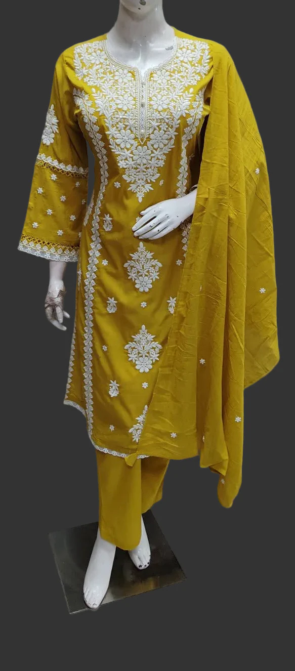 Yellow Mul Cotton  Chikankari Work Straight Fit Kurtha 196 - Image 2