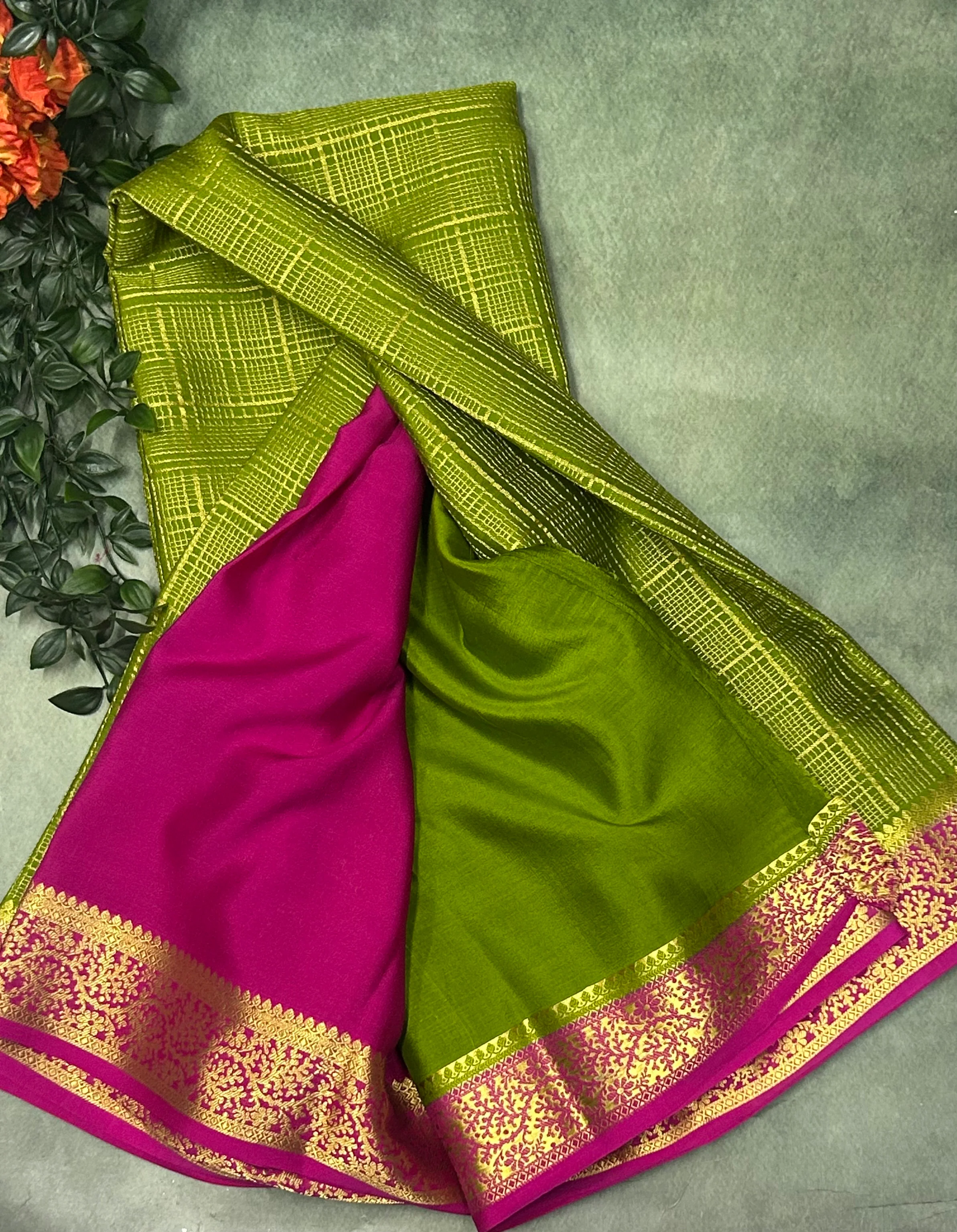Mehendi green n pink checks brocade Pure Mysore silk crepe 103 Saree - Image 3