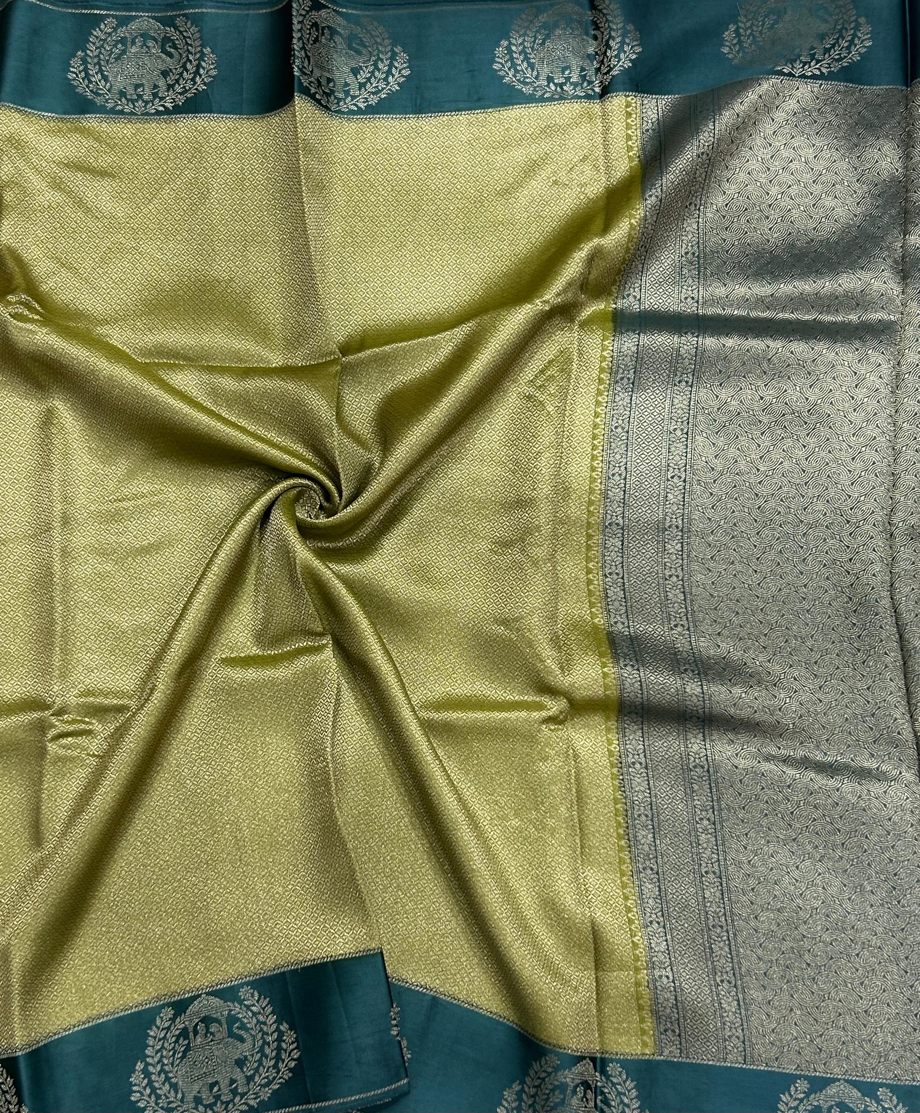 Mehendi green satin border brocade semi tissue 104 saree - Image 2