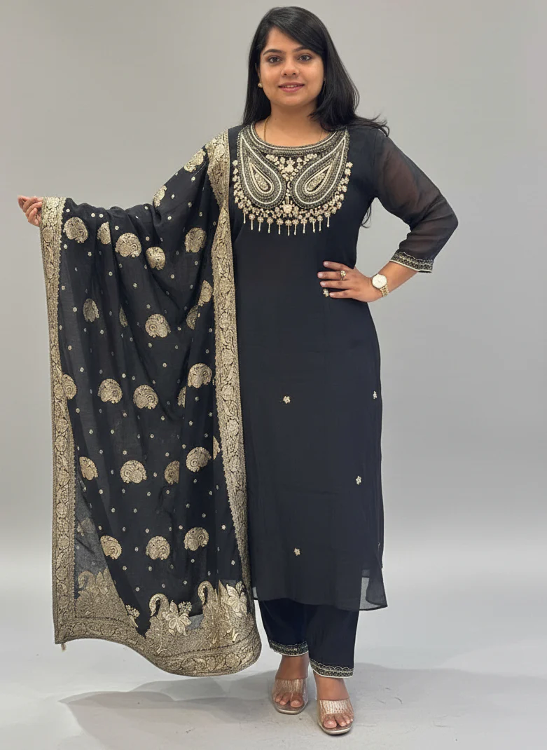 Black Mul Chanderi  Embroidery Airline Kurtha 170 - Image 2