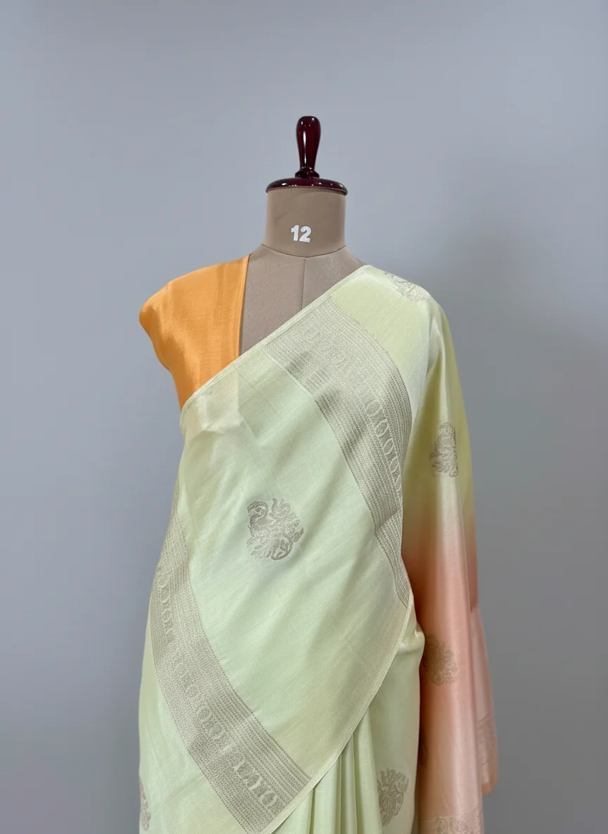 Orange shade borderless pure mysore crepe silk saree - Image 6