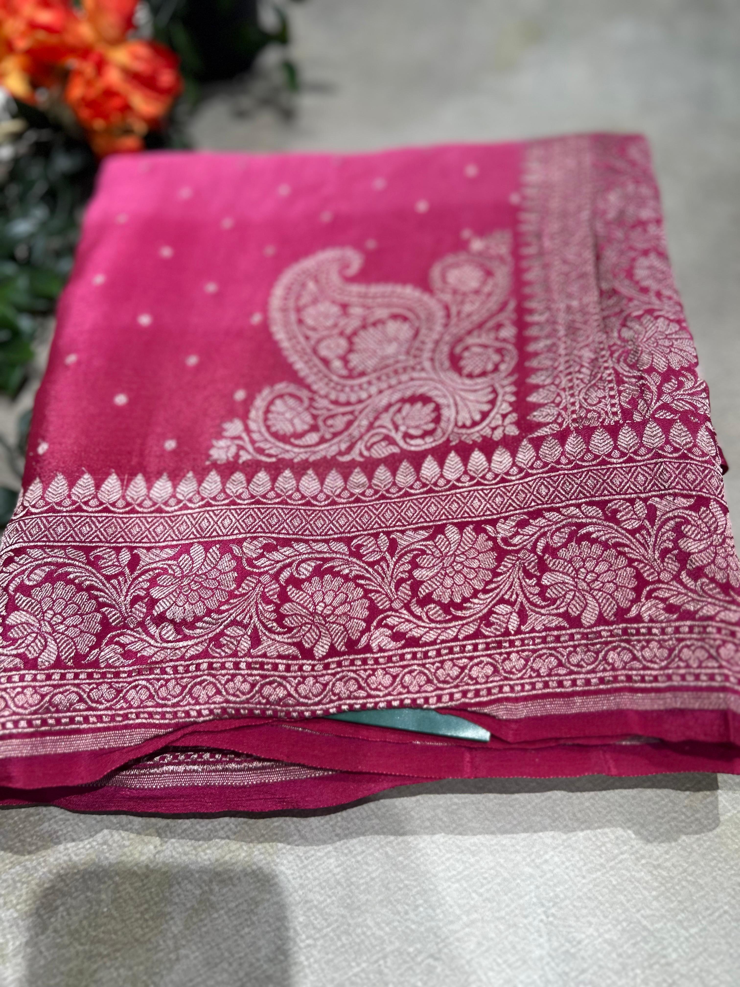 Multitone silver zari pure benarasi crepe 104 silk saree - Image 4