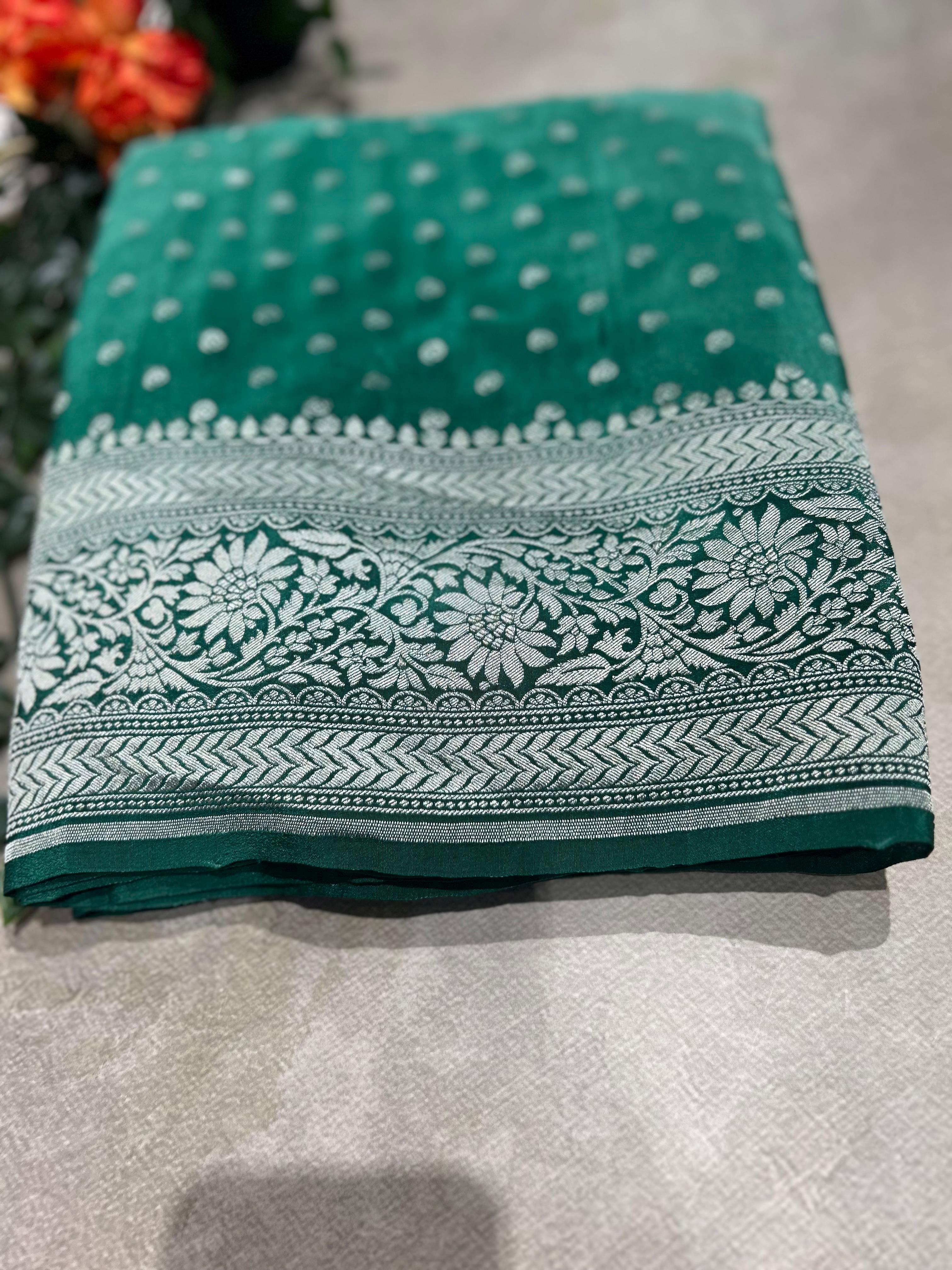 Multitone silver zari pure benarasi crepe 104 silk saree - Image 4