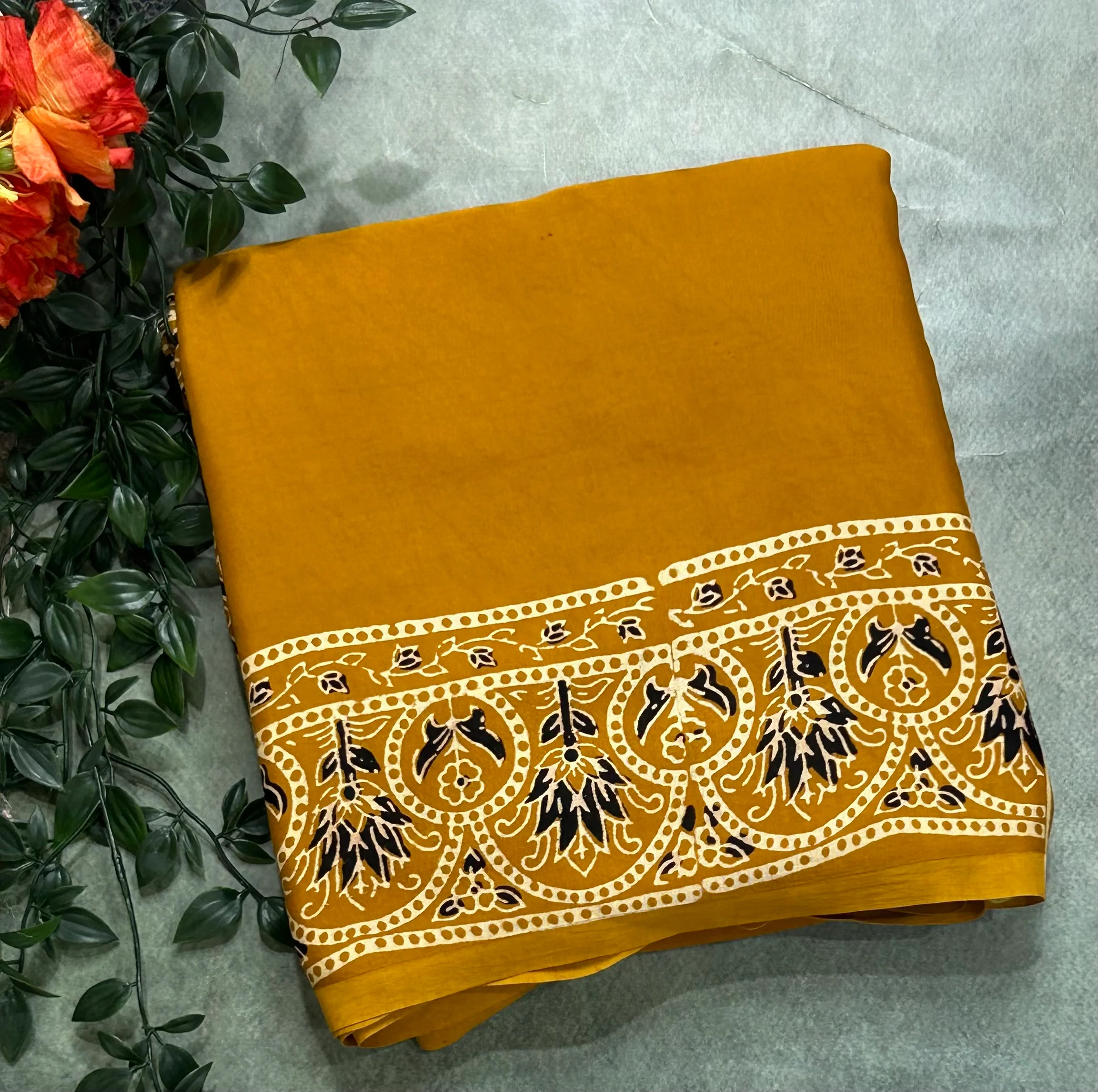 Mustard yellow ajrakh print modal silk 104 saree - Image 2