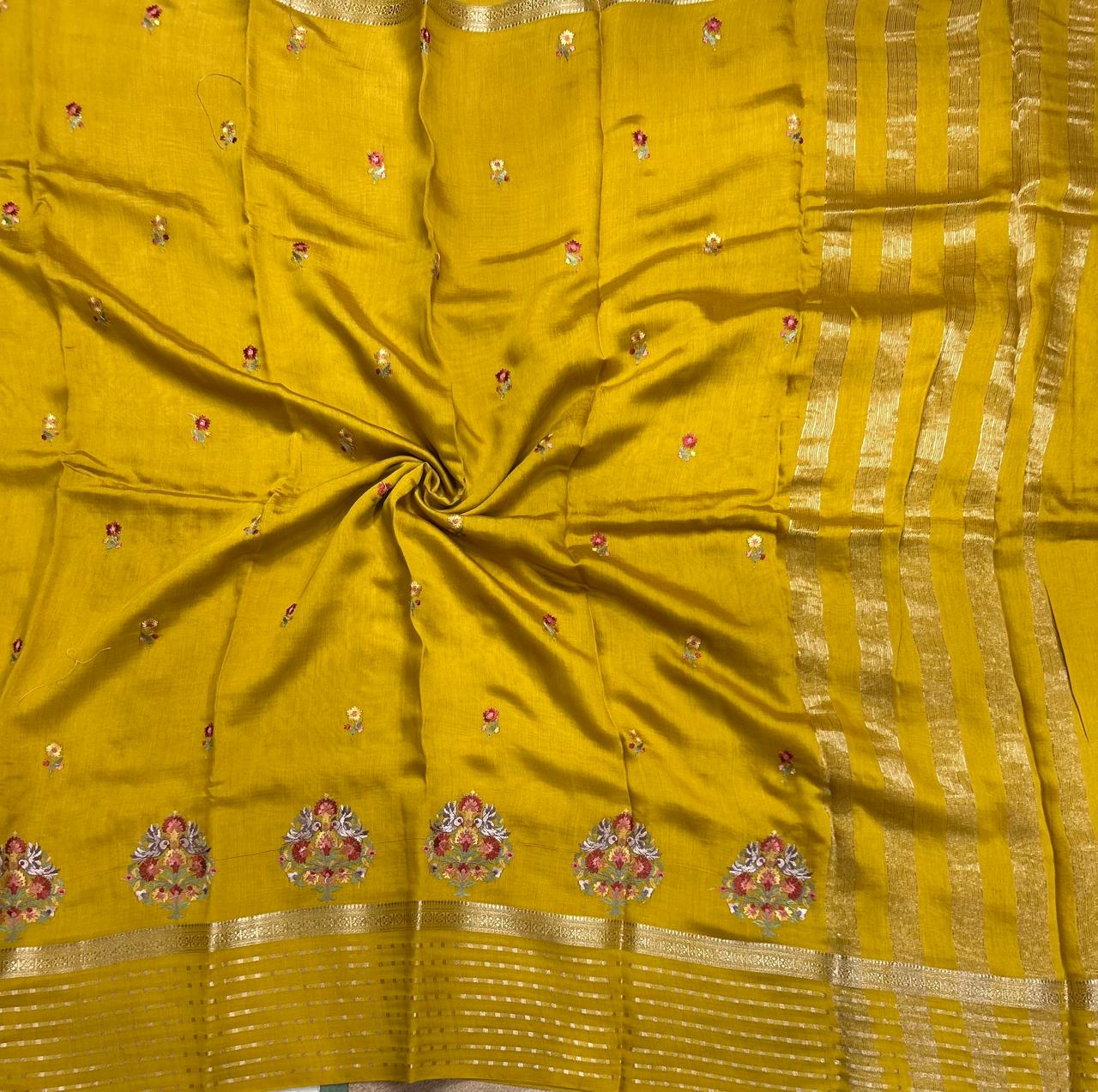 Mustard yellow embrodiery butta border soft tussar crepe 104 saree - Image 2