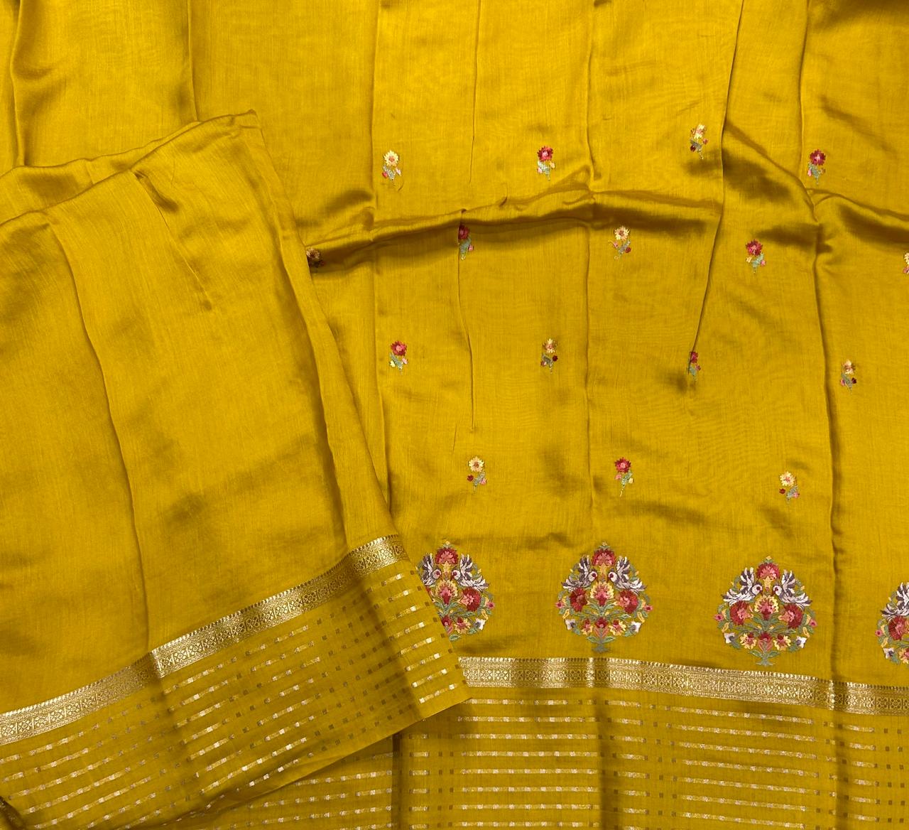 Mustard yellow embrodiery butta border soft tussar crepe 104 saree - Image 3