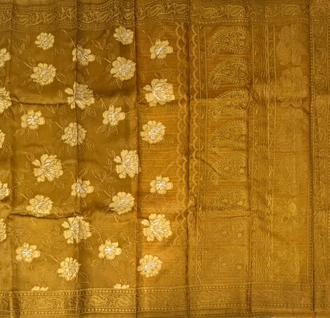 Mustard yellow chikankari  work pure organza 102 saree - Image 2
