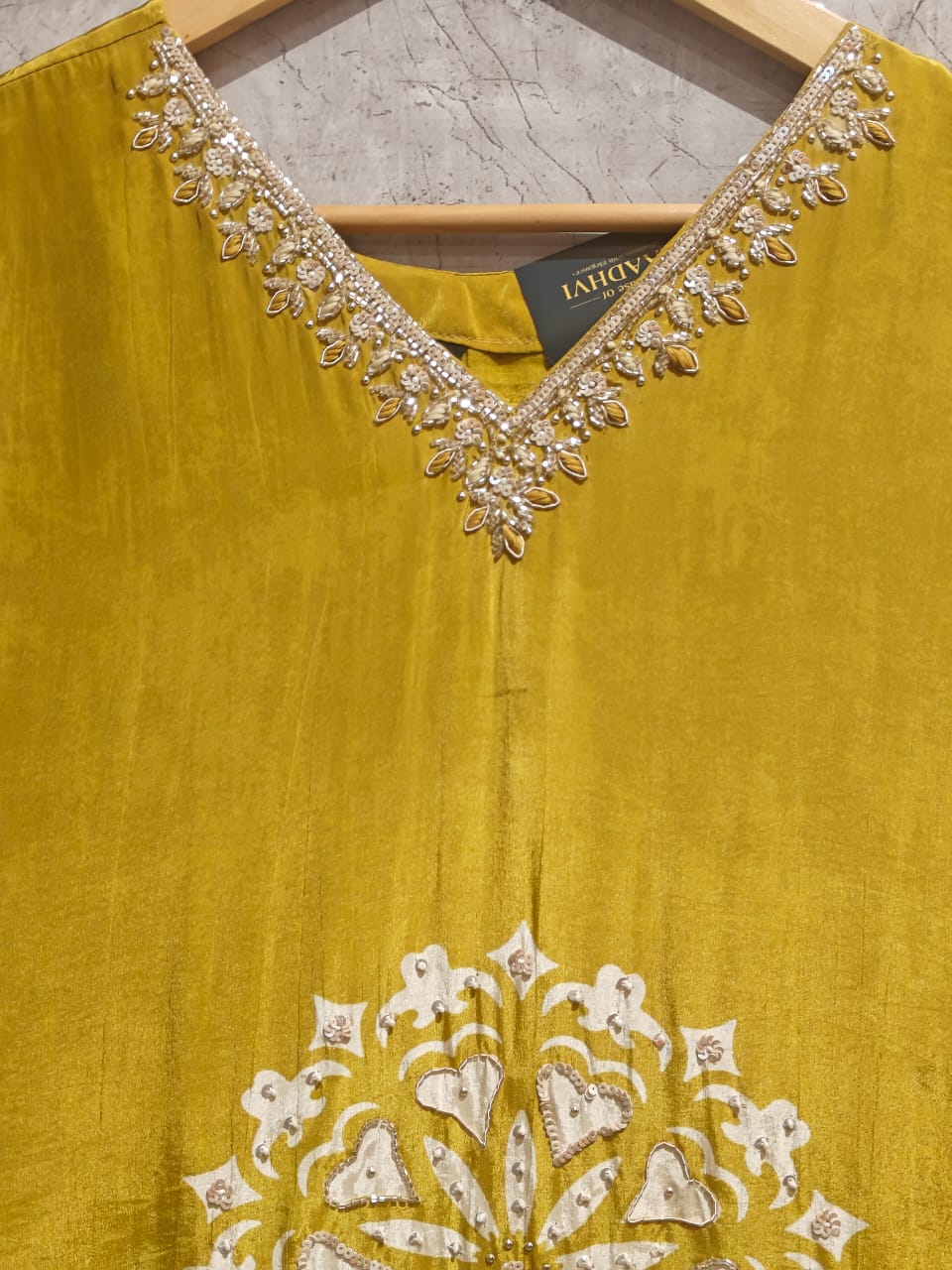 Musturd Yellow Digital Print Handwork Crepe Kurtha 533 - Image 3