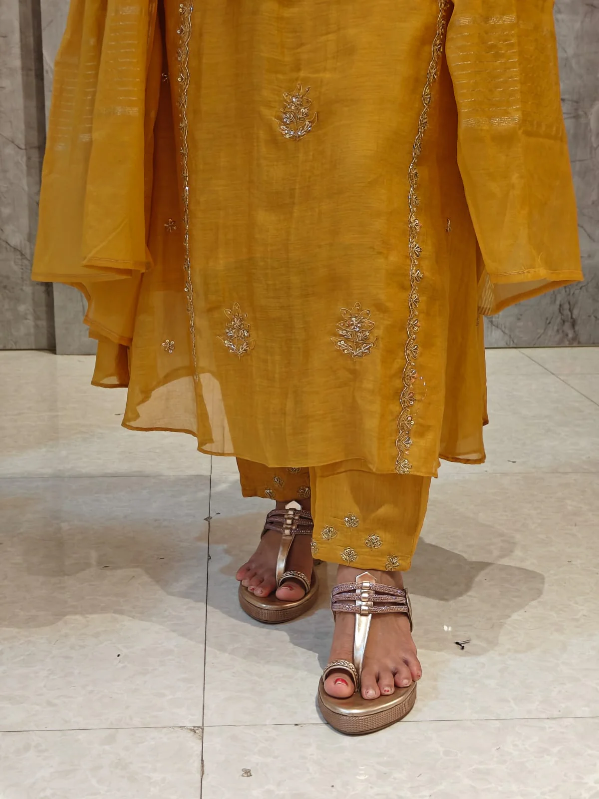 Mustard Yellow Mul Chanderi Hand Embroidery Airline Kurtha 392 - Image 4