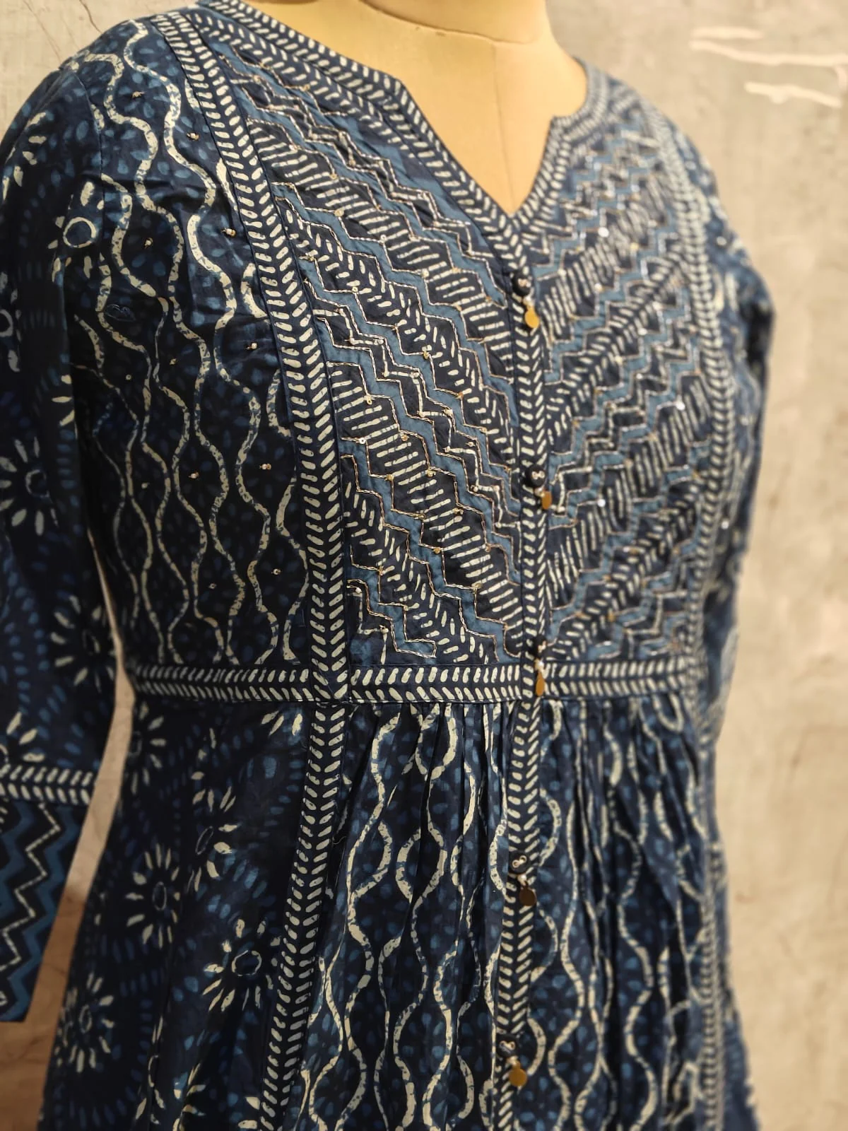 Navy Blue Cotton Anarkali Block Print Kurtha 41 - Image 2