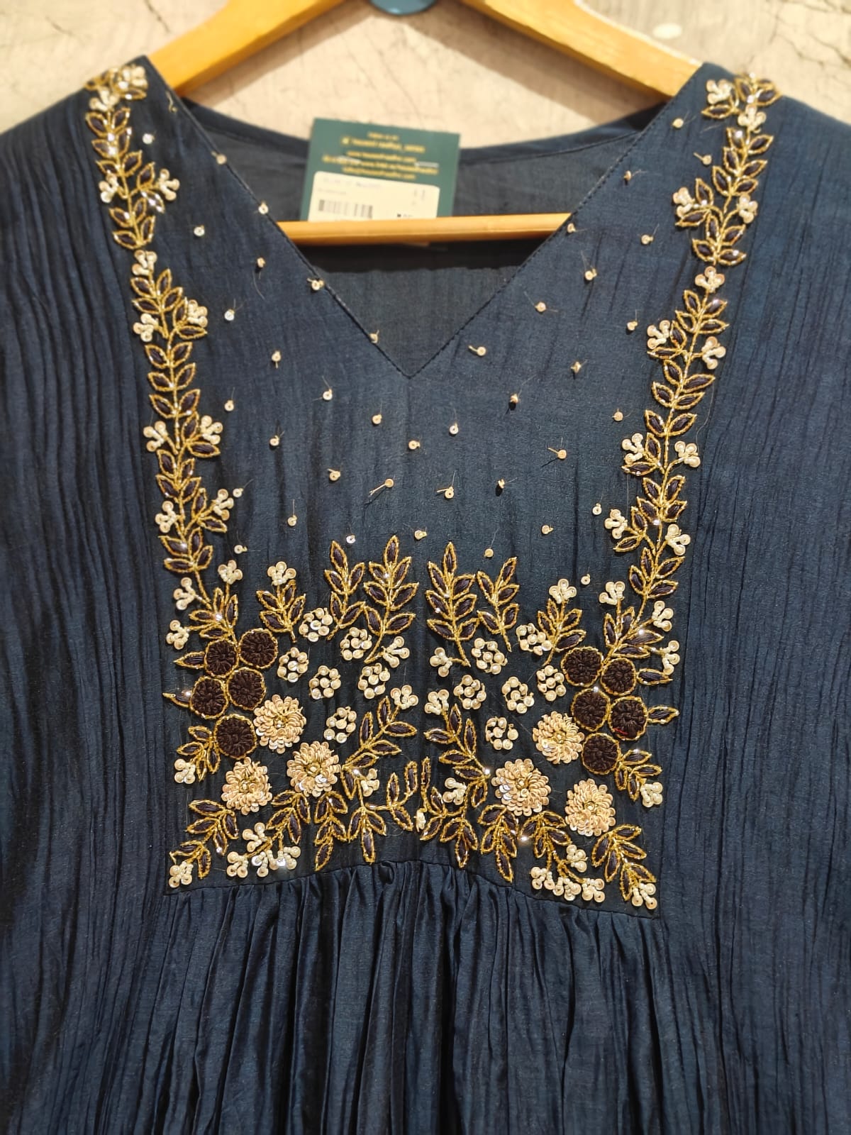 Navy Blue Mul Chanderi Hand Embroidery Anarkali Kurtha 899 - Image 3