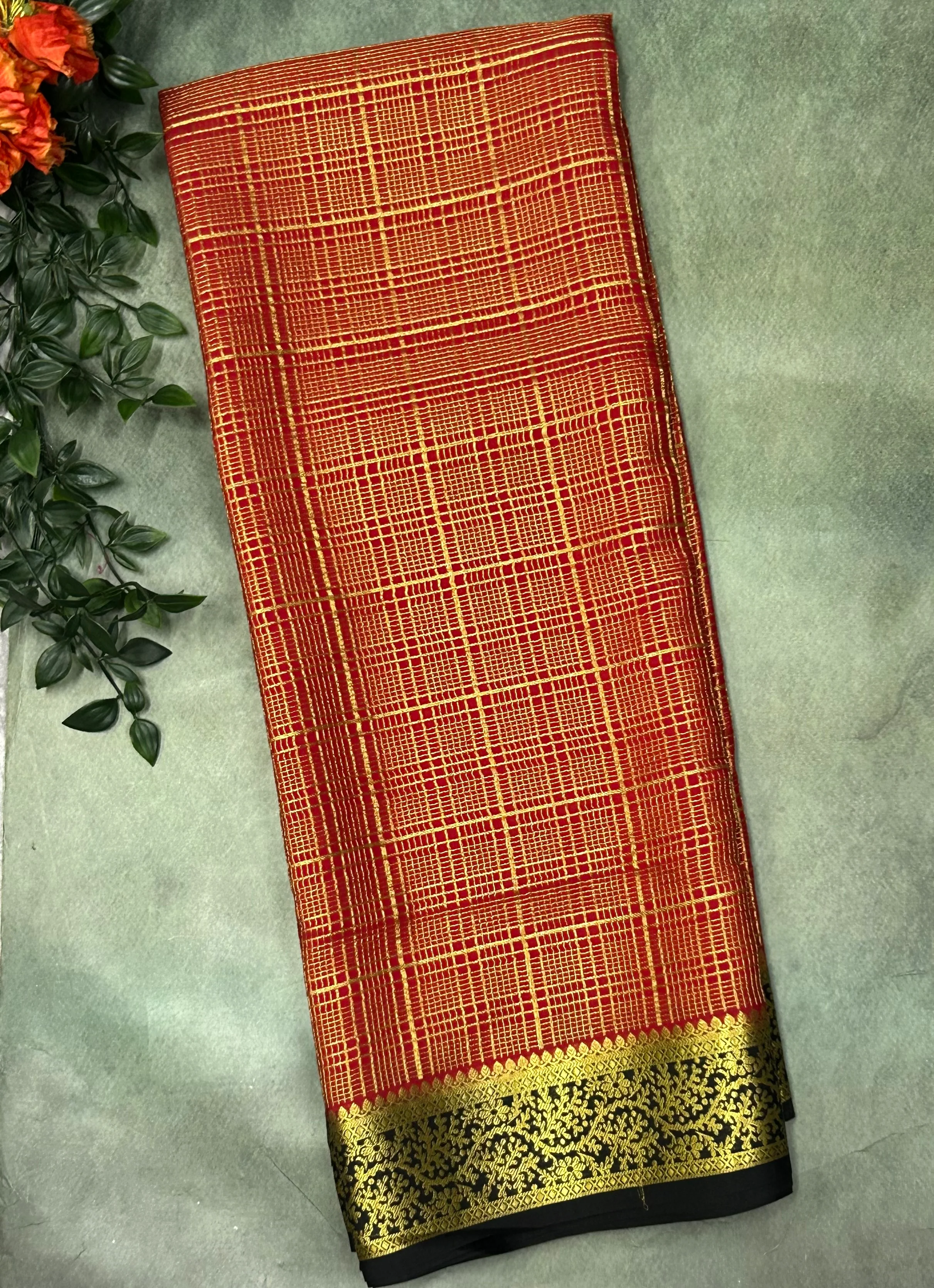 Red n black checks brocade Pure Mysore silk crepe 103 Saree - Image 2