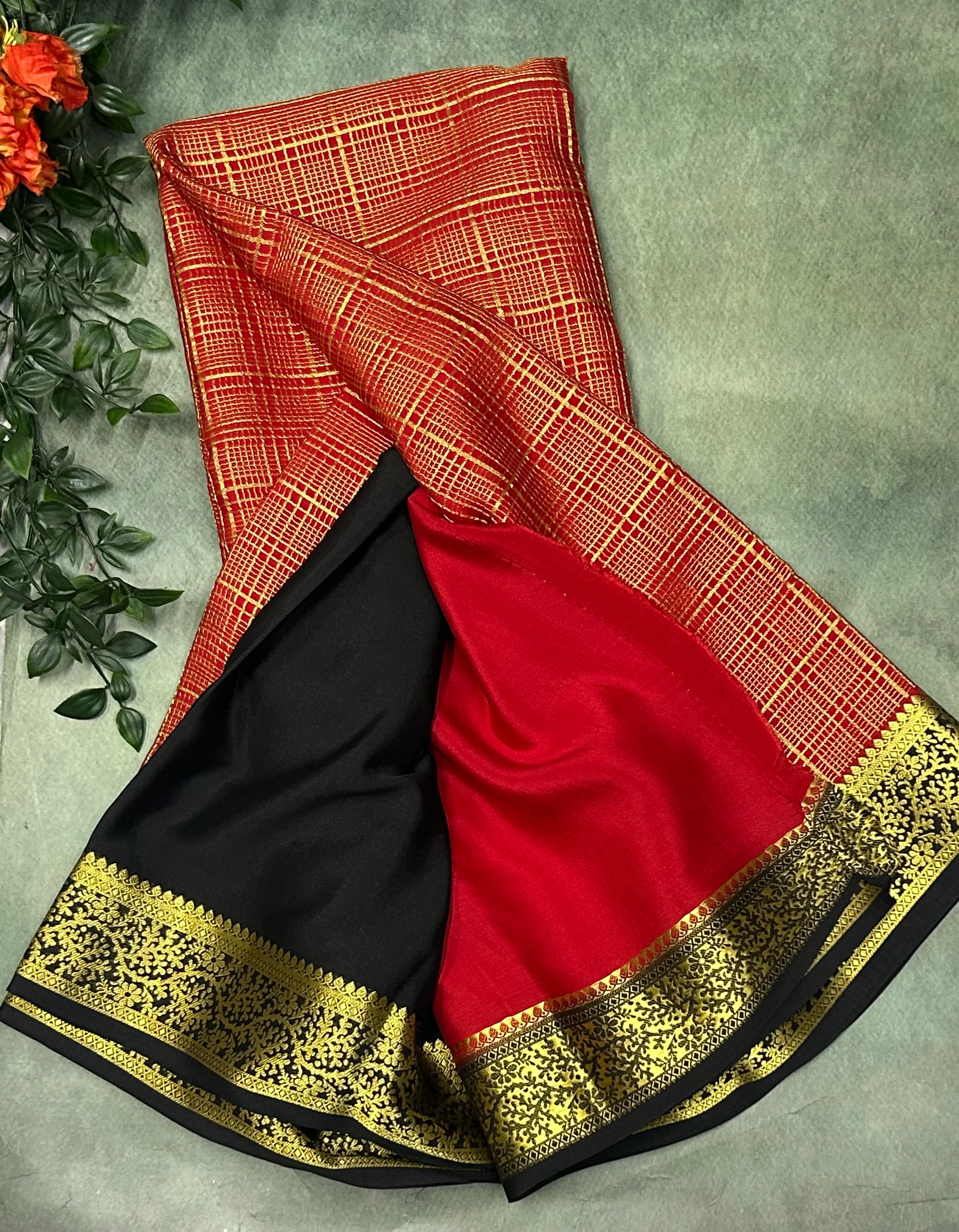 Red n black checks brocade Pure Mysore silk crepe 103 Saree - Image 3