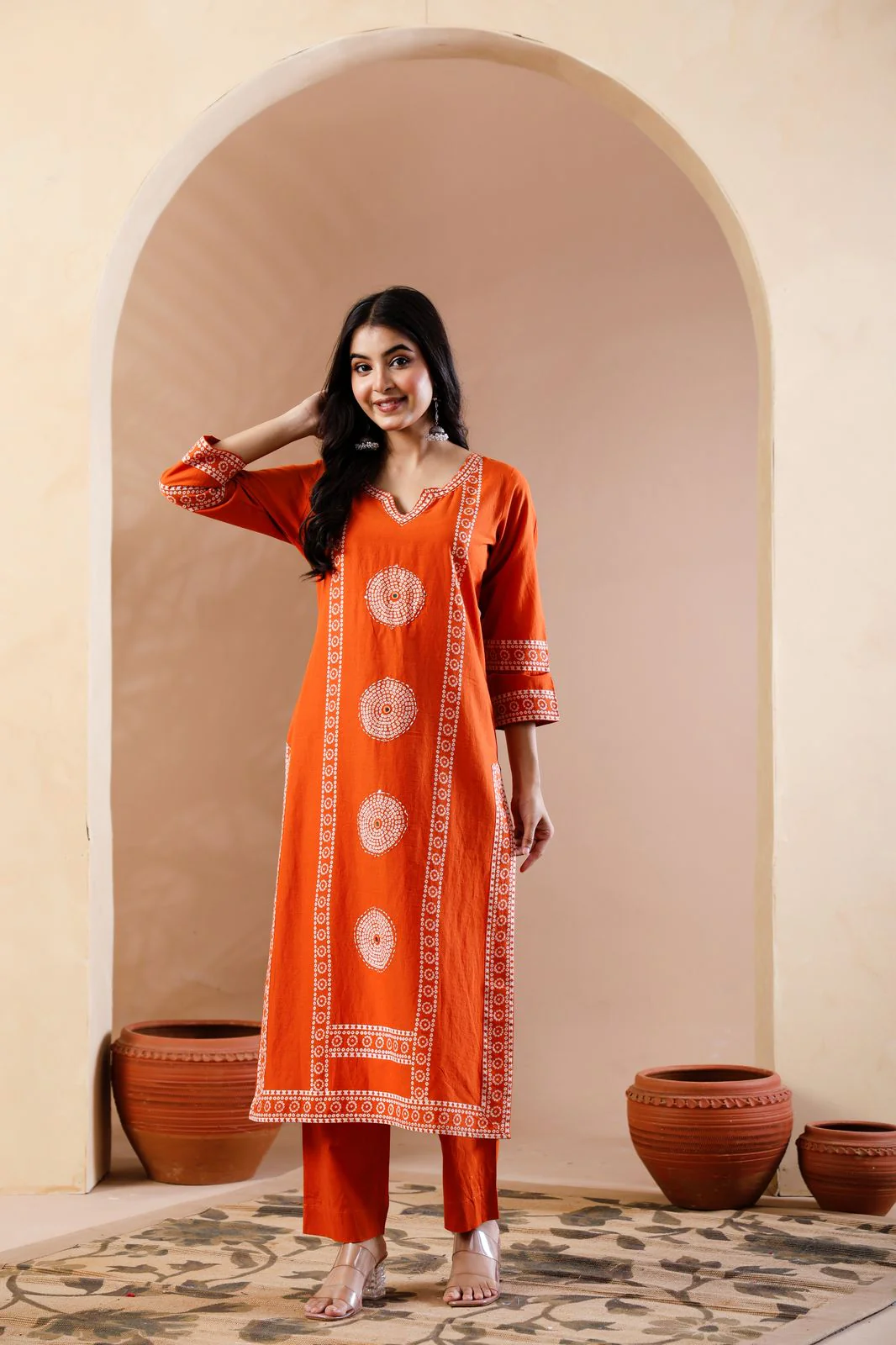 "Naya" Orange Mul Cotton Block Print Straight Fit Kurtha 100 - Image 2