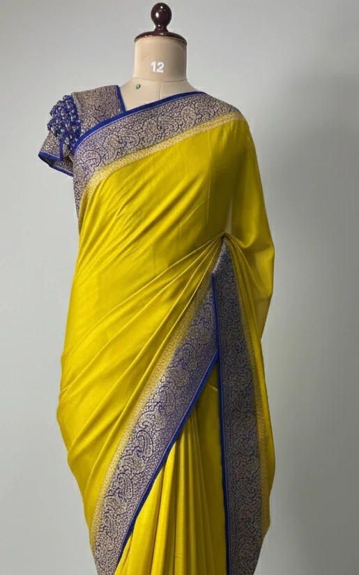 Neon yellow mango design plain pure banrasi crepe silk saree - Image 5