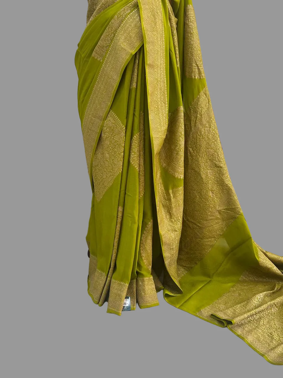 Neon green big Butta Banarasi pure crepe saree -101 - Image 3