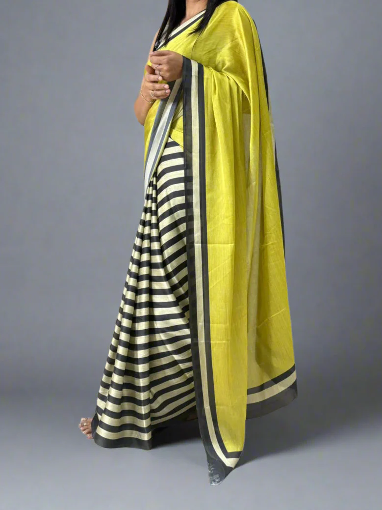 Black n white stripes yellow-09 saree - Image 4